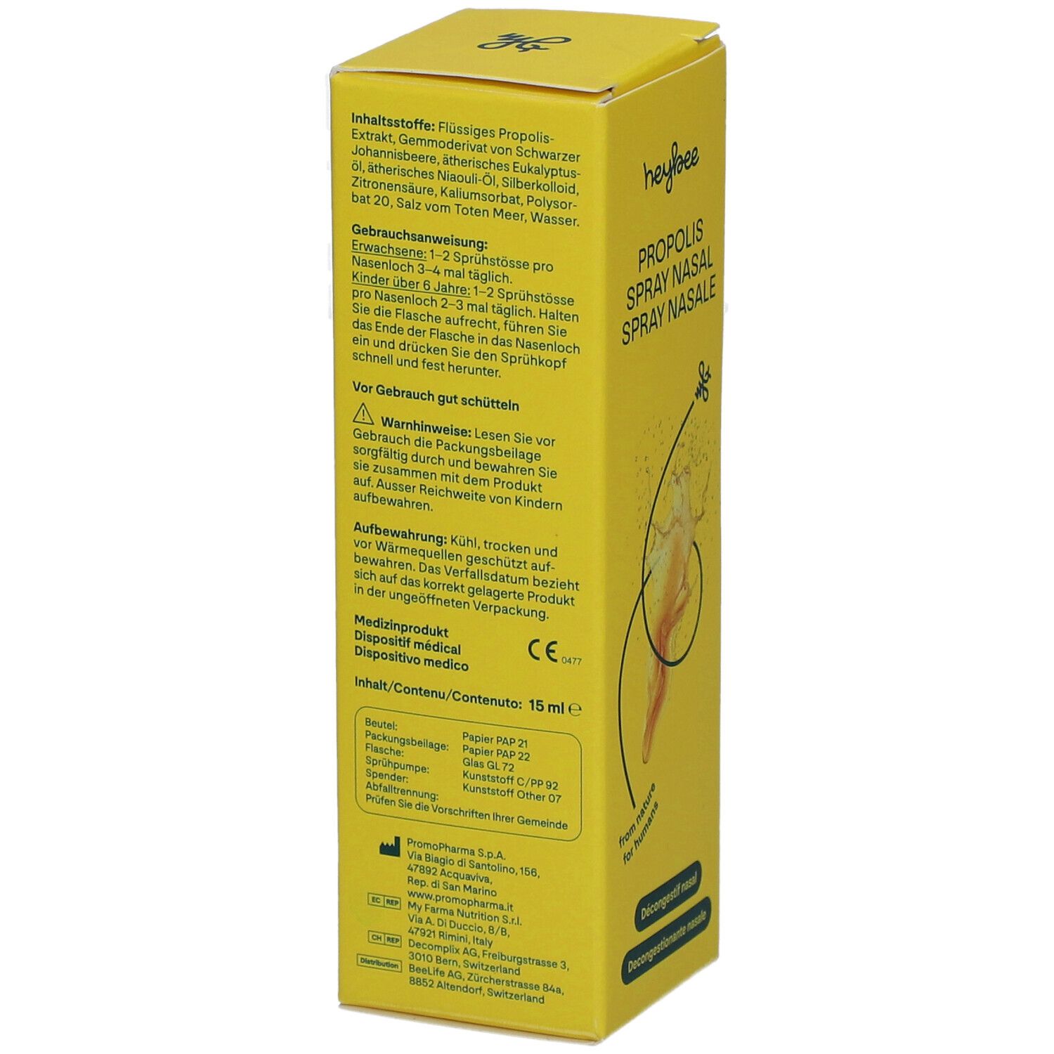 Boîte jaune, dos avec texte. Contient des informations sur les ingrédients, l'utilisation et les avertissements. Texte en allemand.