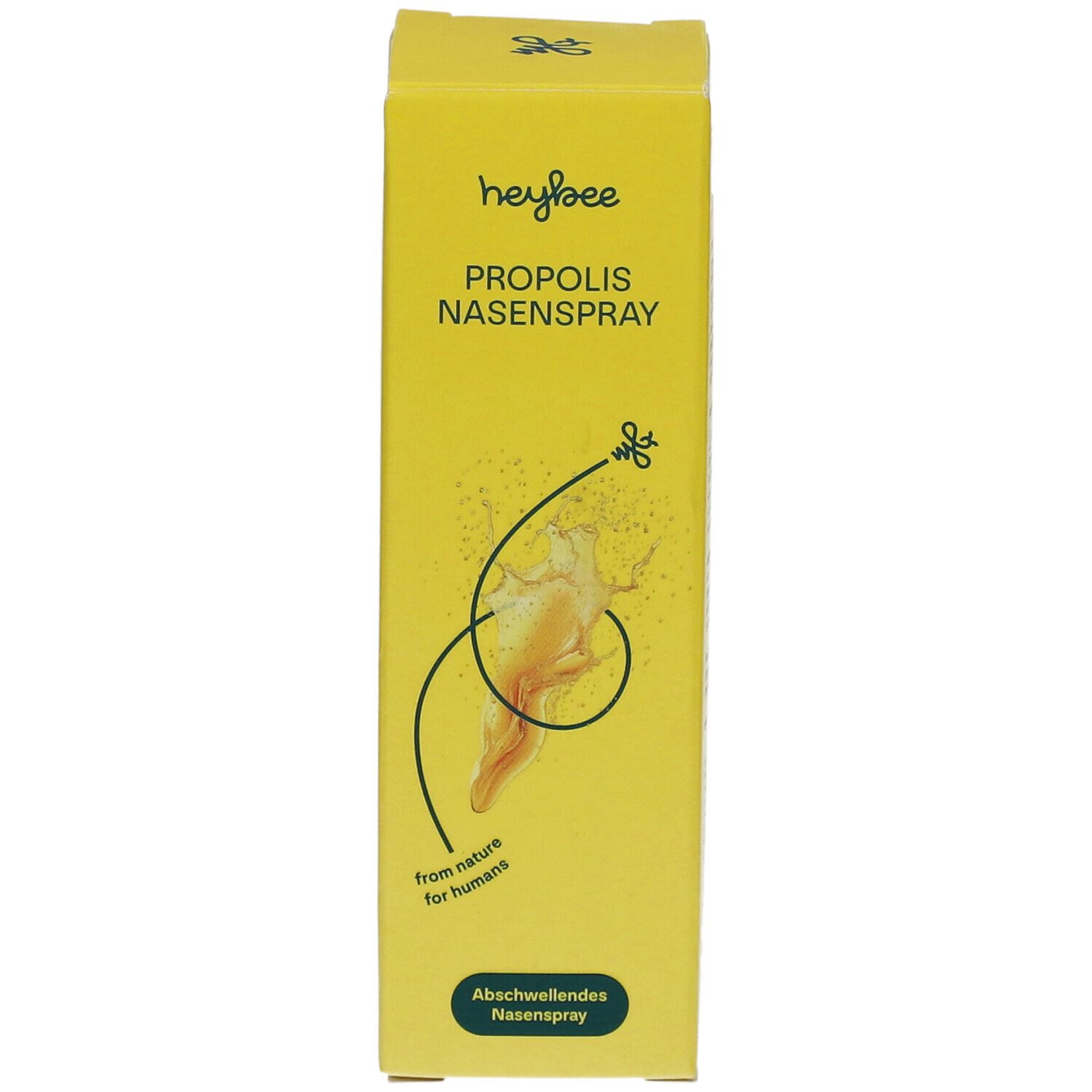 Boîte jaune avec nom et logo du produit. Texte : Propolis Nasenspray. Illustration d'un nez avec brouillard. Texte : Abschwellendes Nasenspray.