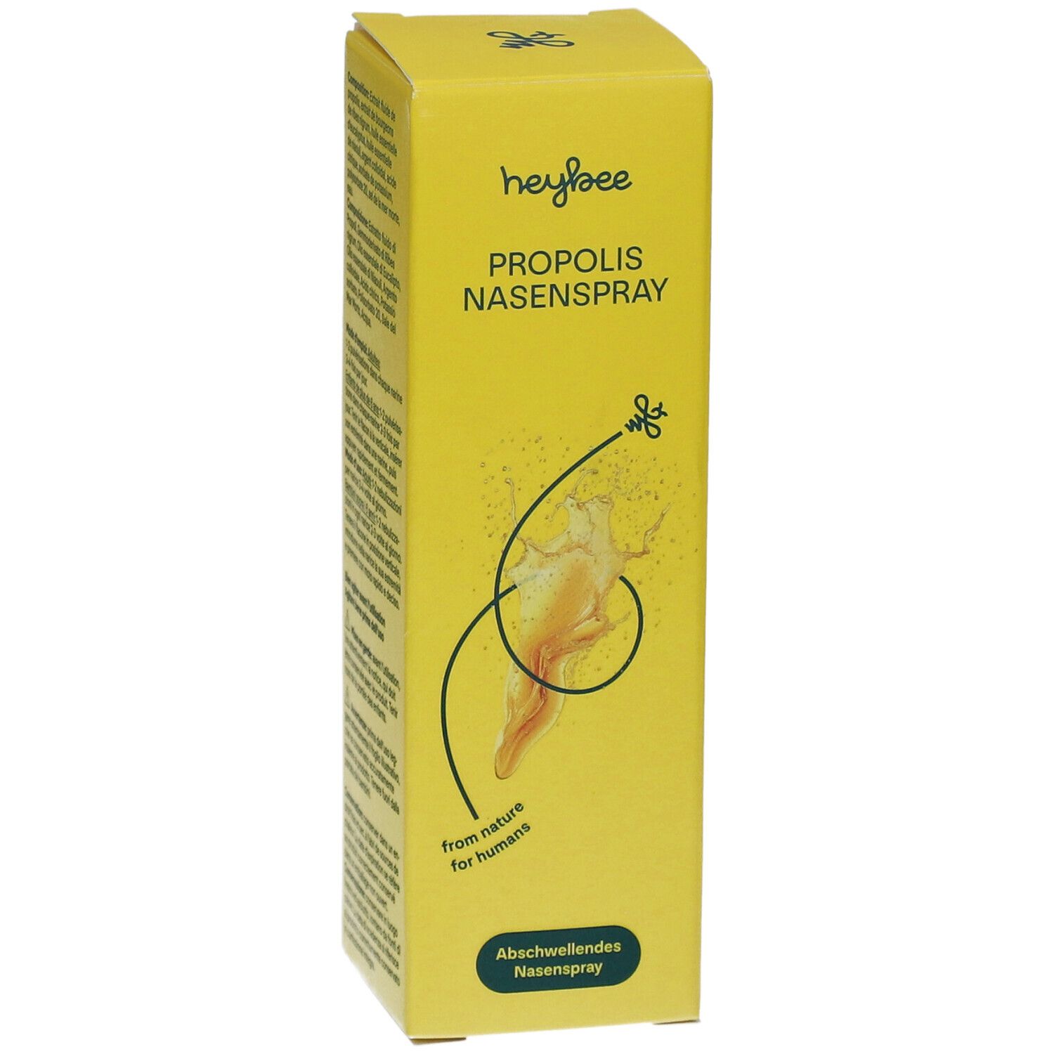Boîte jaune avec nom et logo du produit. Texte : Propolis Nasenspray. Illustration d'un nez avec brouillard. Texte : Abschwellendes Nasenspray.