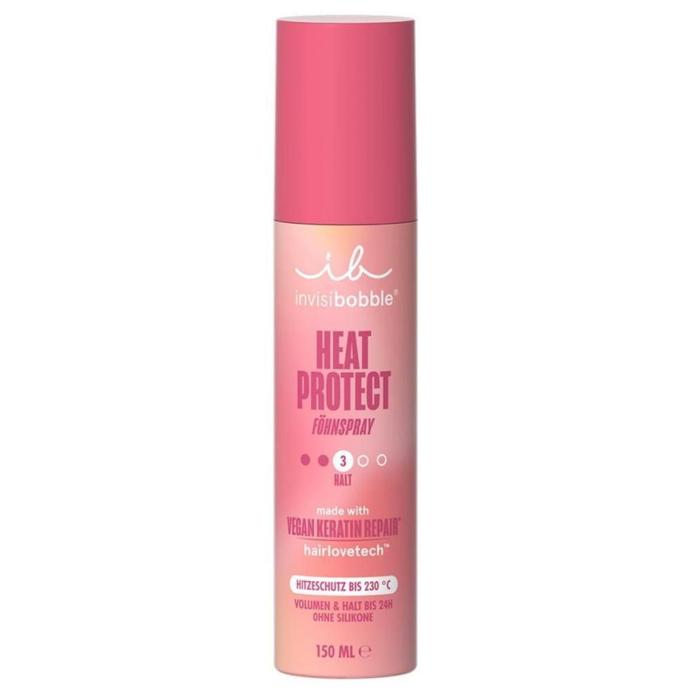 Flacon de spray capillaire rose avec bouchon rose. Inscription : Heat Protect. Vegan Keratin Repair. 150 ml.