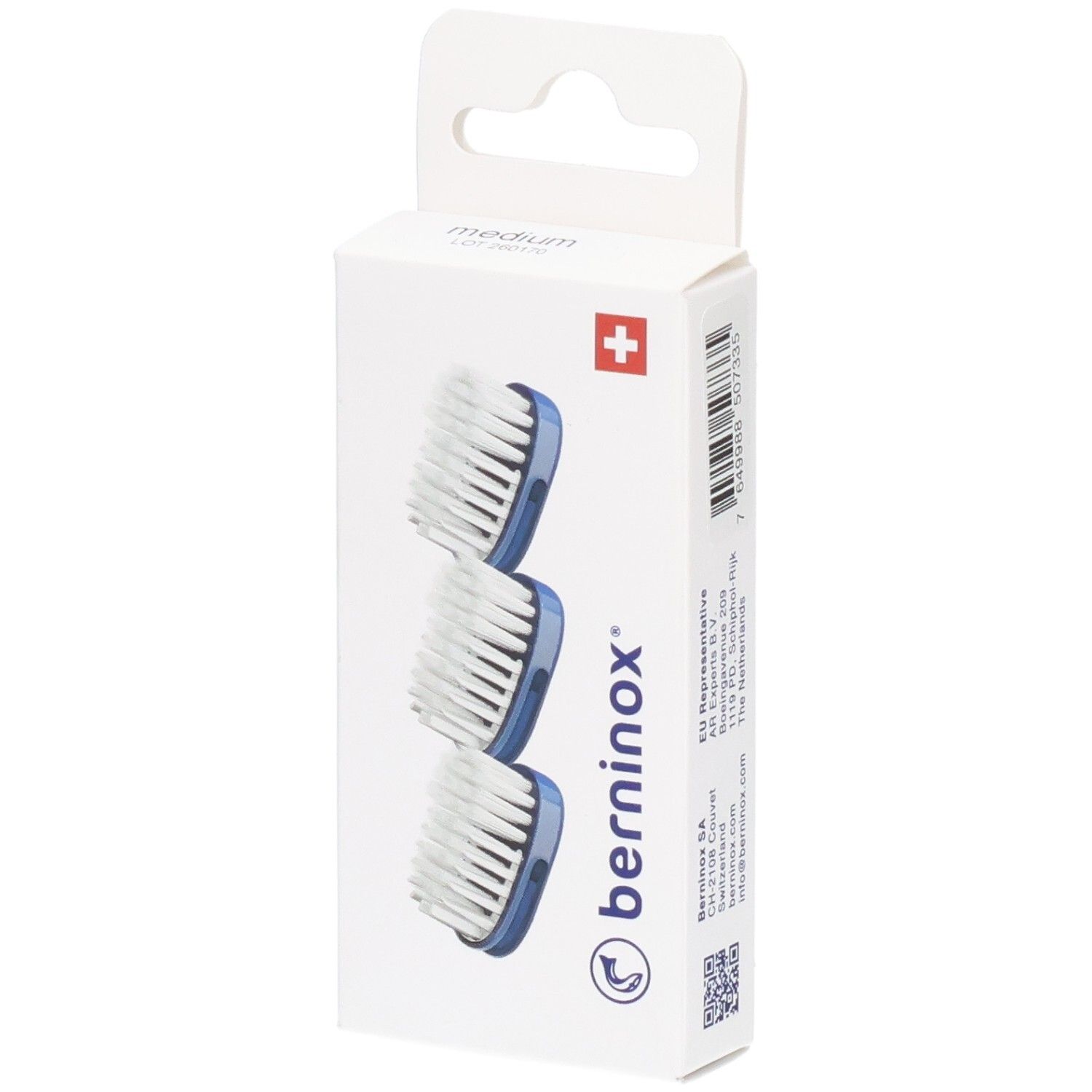 Emballage de 3 têtes de brosse à dents. Support bleu, poils blancs. Marque Berninox, croix suisse.
