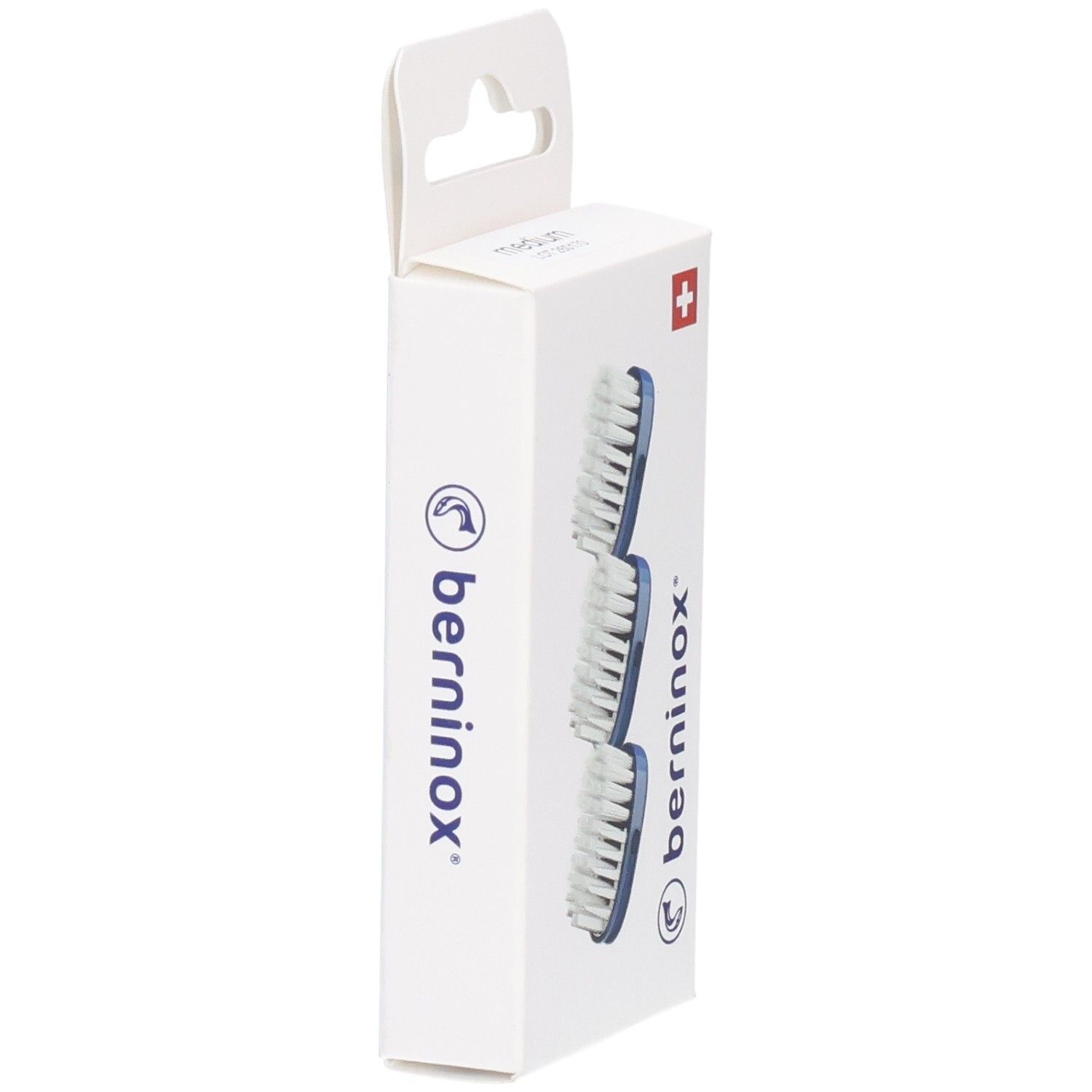 Emballage de 3 têtes de brosse à dents. Support bleu, poils blancs. Marque Berninox, croix suisse.