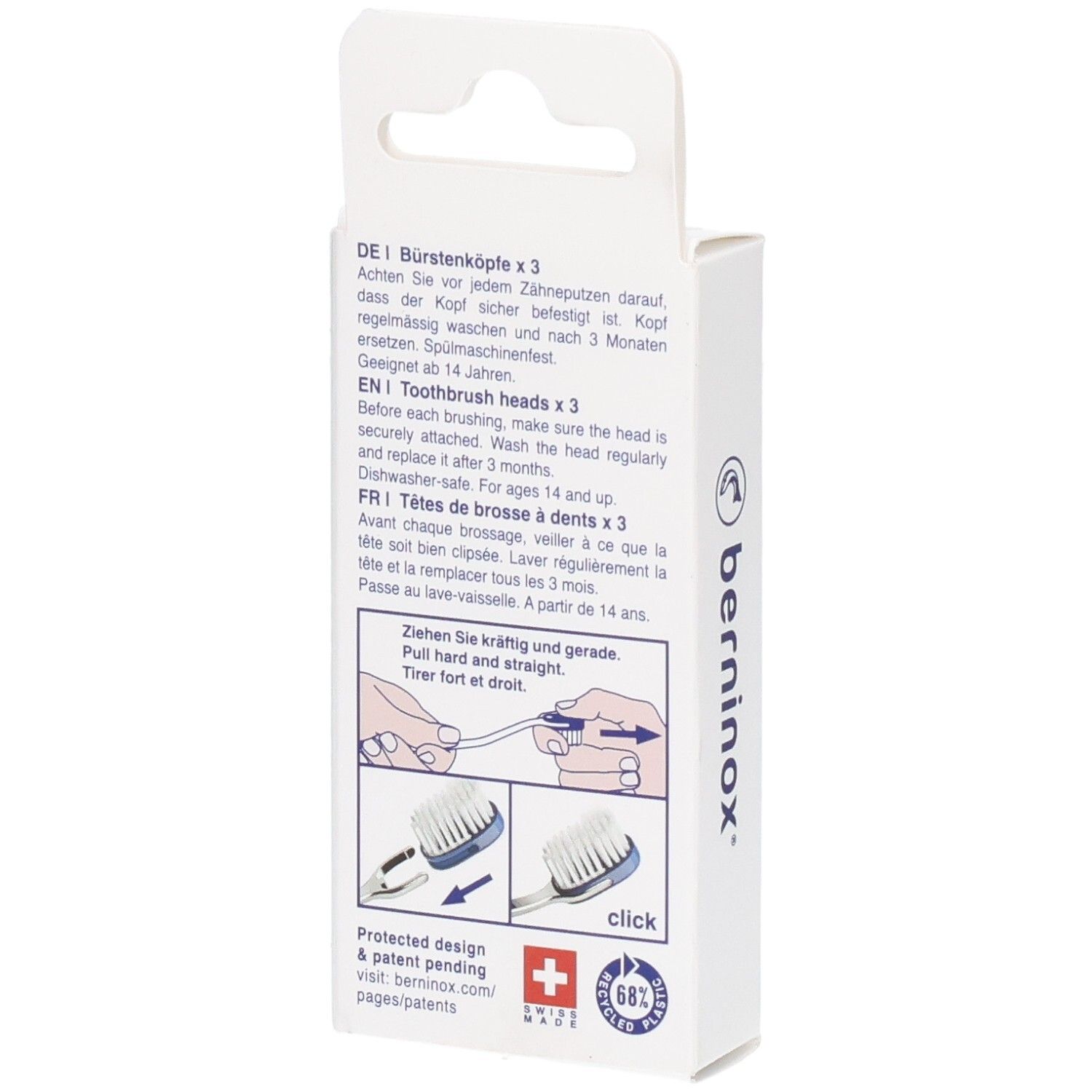 Dos de l'emballage avec informations produit. Marque Berninox, croix suisse, pictogrammes.