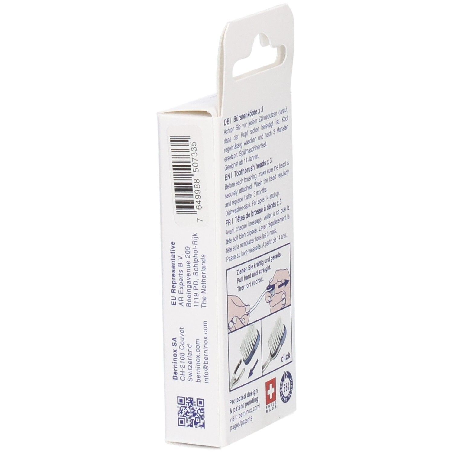 Dos de l'emballage avec informations produit. Marque Berninox, croix suisse, pictogrammes.