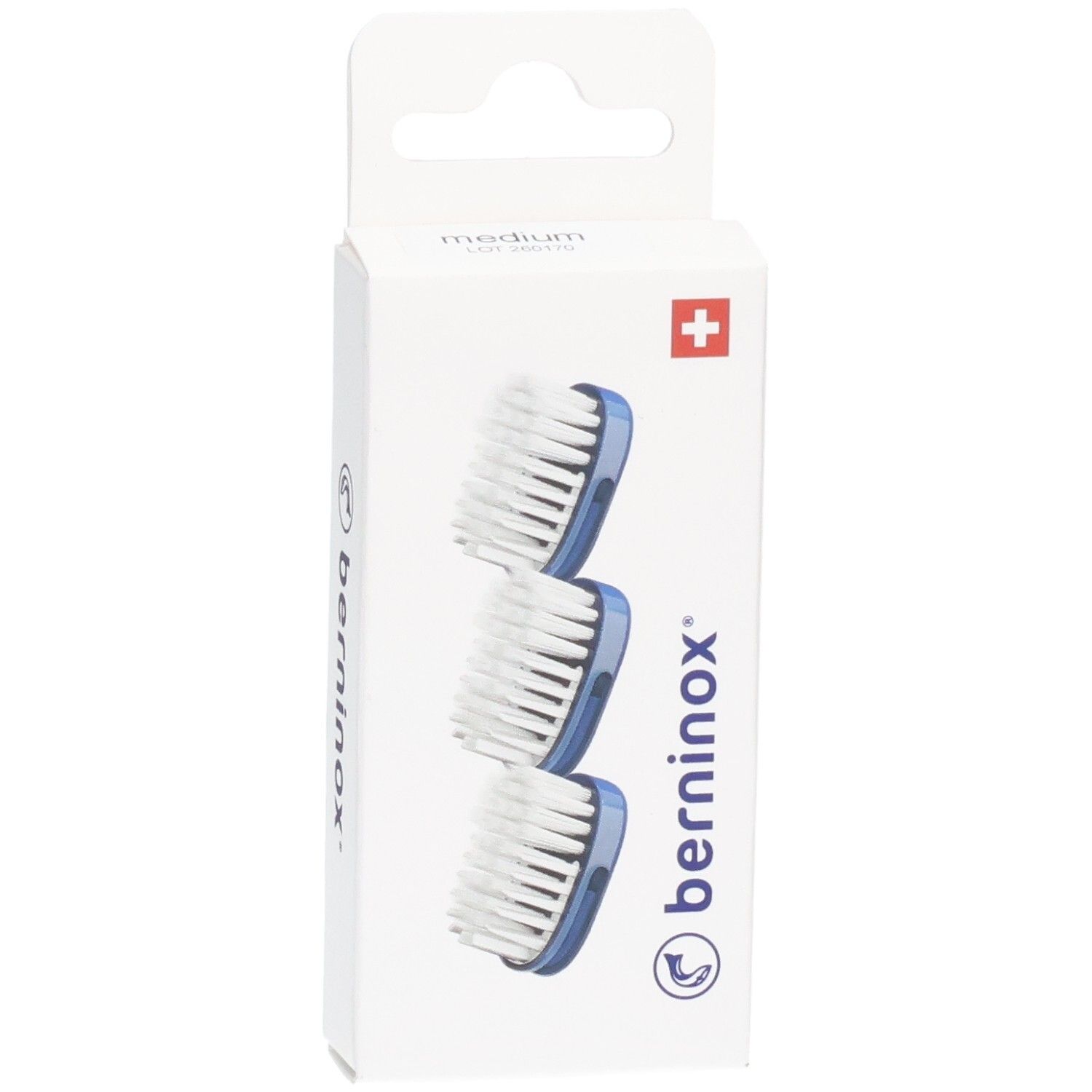 Emballage de 3 têtes de brosse à dents. Support bleu, poils blancs. Marque Berninox, croix suisse.