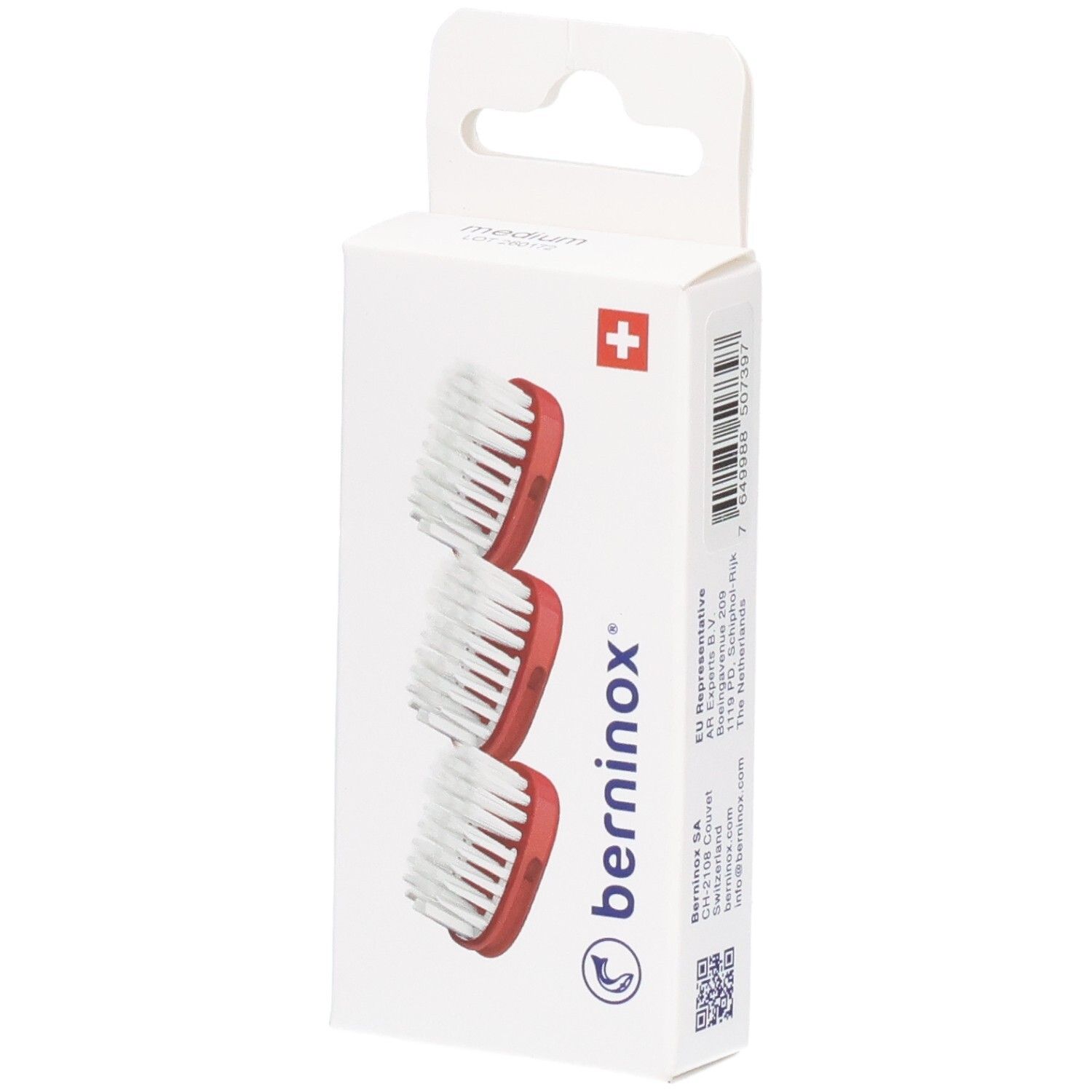 Trois têtes de brosse rouge corail dans un emballage blanc avec croix suisse et logo.