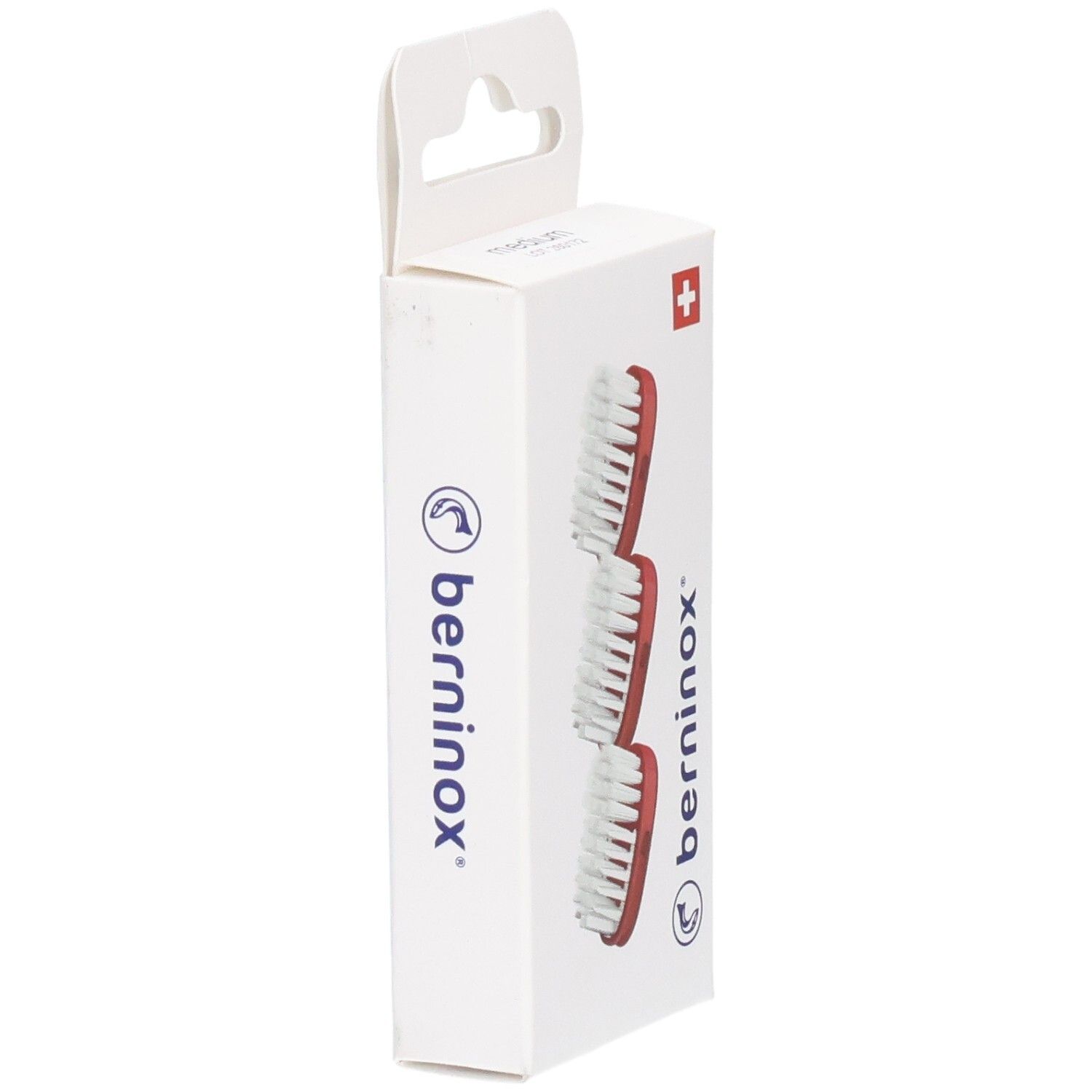 Emballage de trois têtes de brosse de remplacement, rouge corail. Logo et croix suisse sur fond blanc.