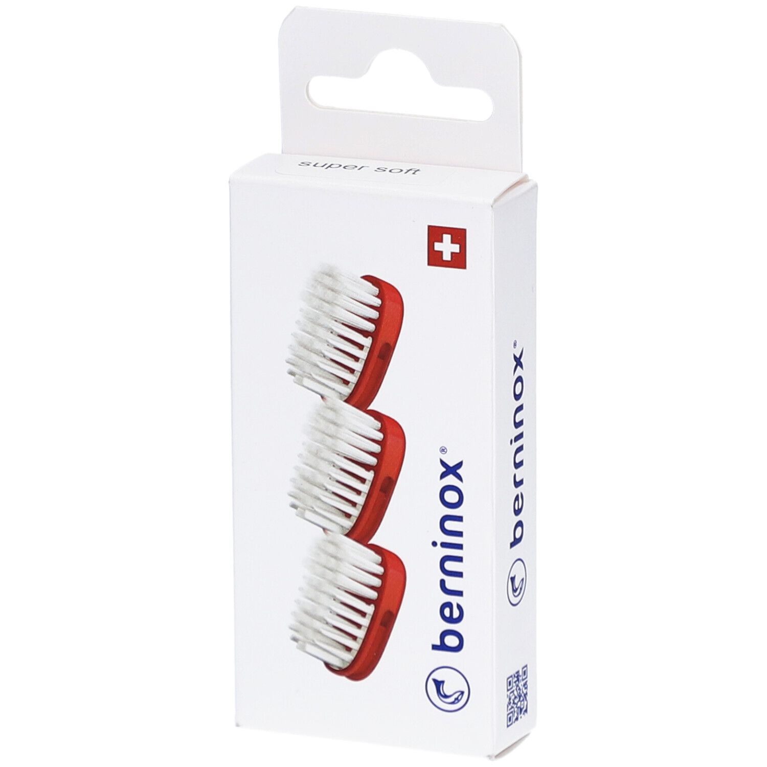 Trois têtes de brosse rouges et blanches dans un emballage blanc avec croix suisse. Marque : berninox.