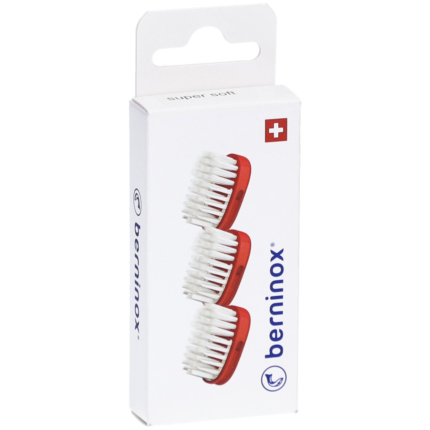 Trois têtes de brosse rouges et blanches dans un emballage blanc avec croix suisse. Marque : berninox.
