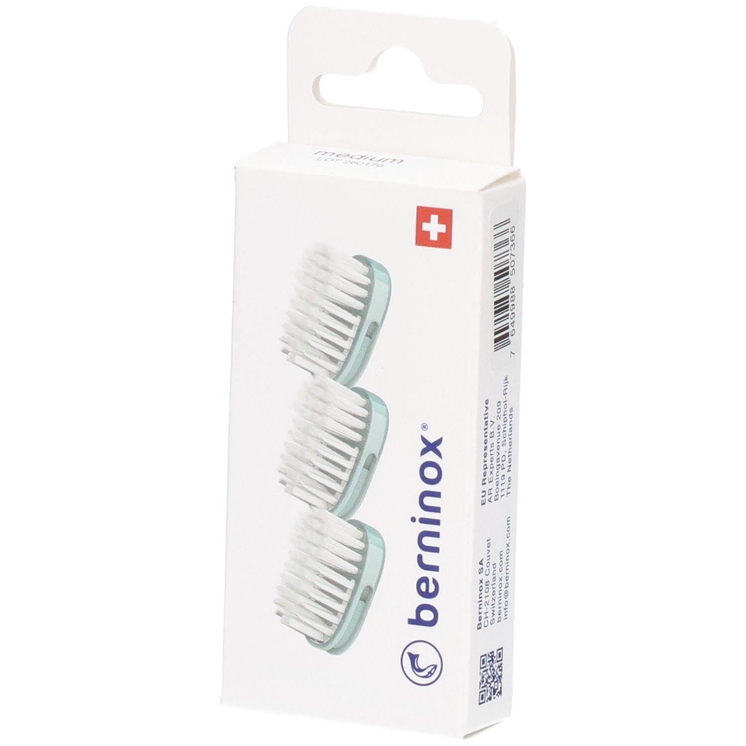 Boîte de 3 têtes de brosse à dents de rechange, vert glacier, medium. Croix suisse. Marque : berninox.