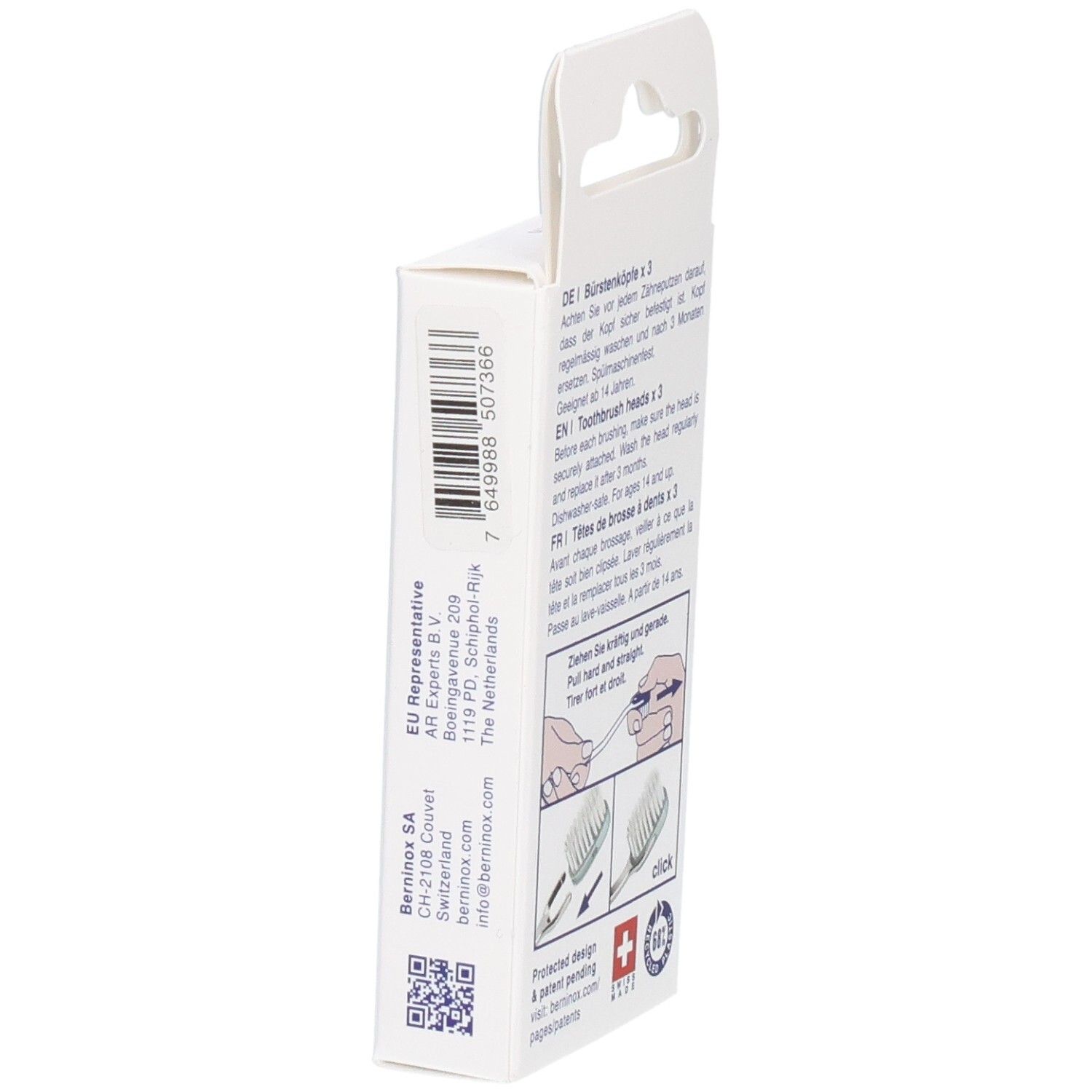 Vue latérale de l'emballage avec informations. Marque : berninox. Croix suisse. Code QR.