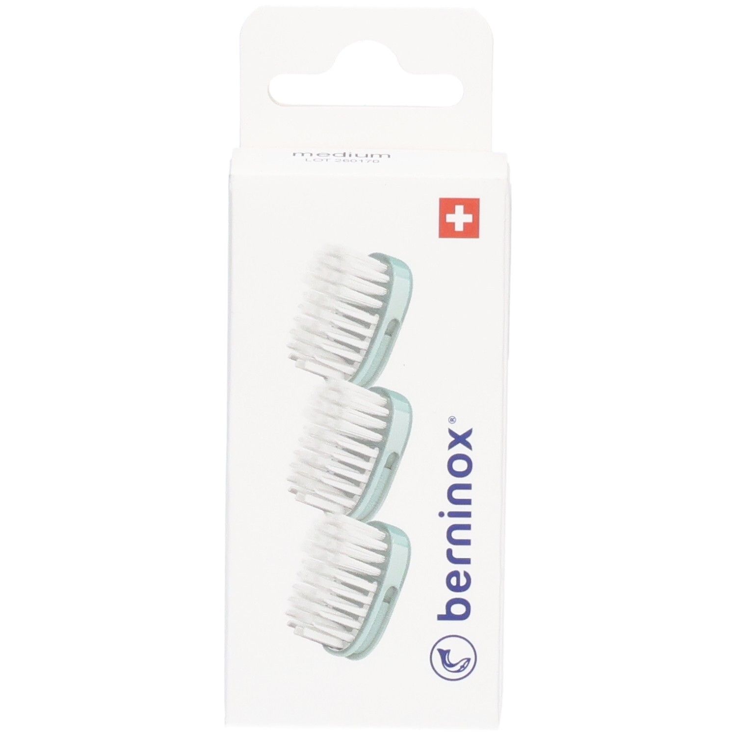 Boîte de 3 têtes de brosse à dents de rechange, vert glacier, medium. Croix suisse. Marque : berninox.