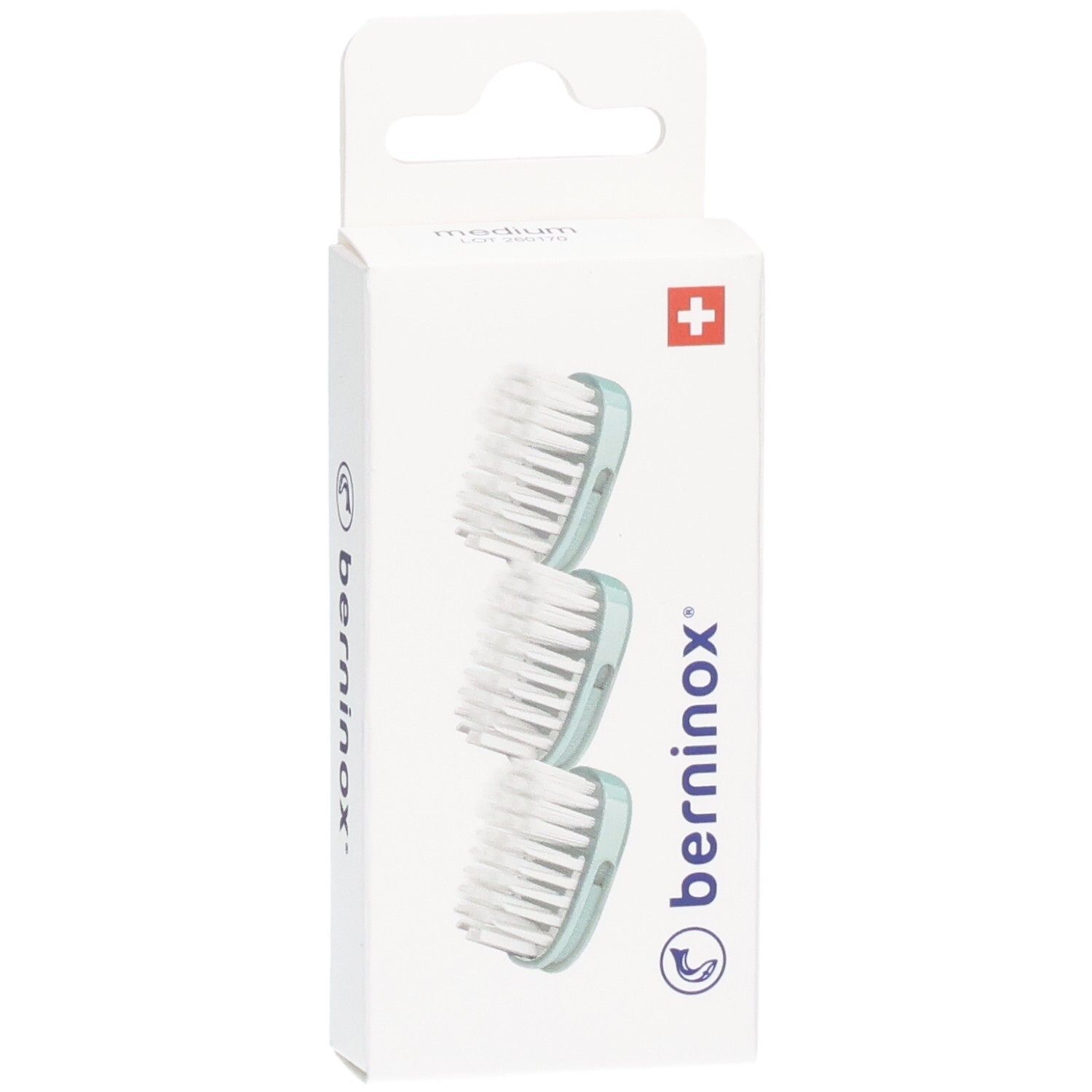 Boîte de 3 têtes de brosse à dents de rechange, vert glacier, medium. Croix suisse. Marque : berninox.