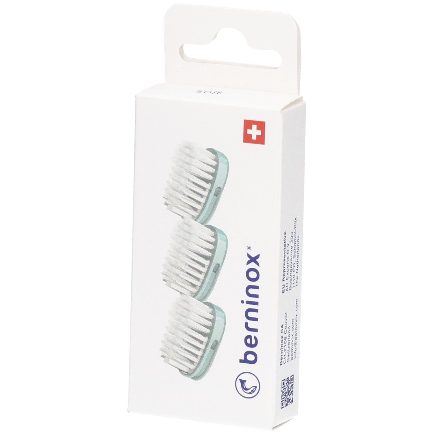 Boîte de 3 têtes de brosse de remplacement, vert glacier, soft. Croix suisse et logo Berninox.