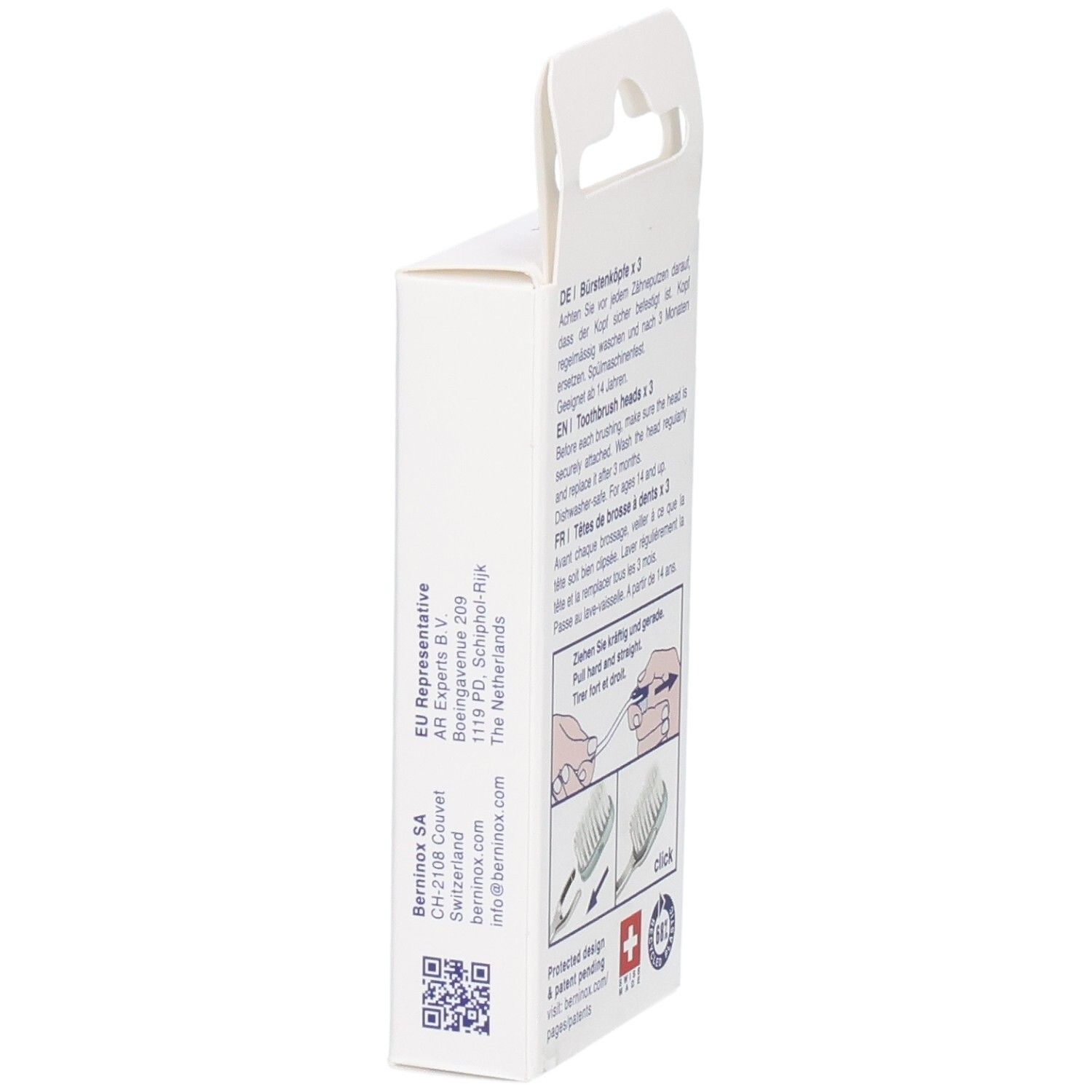 Vue latérale de la boîte avec texte et logo Berninox. Croix suisse.