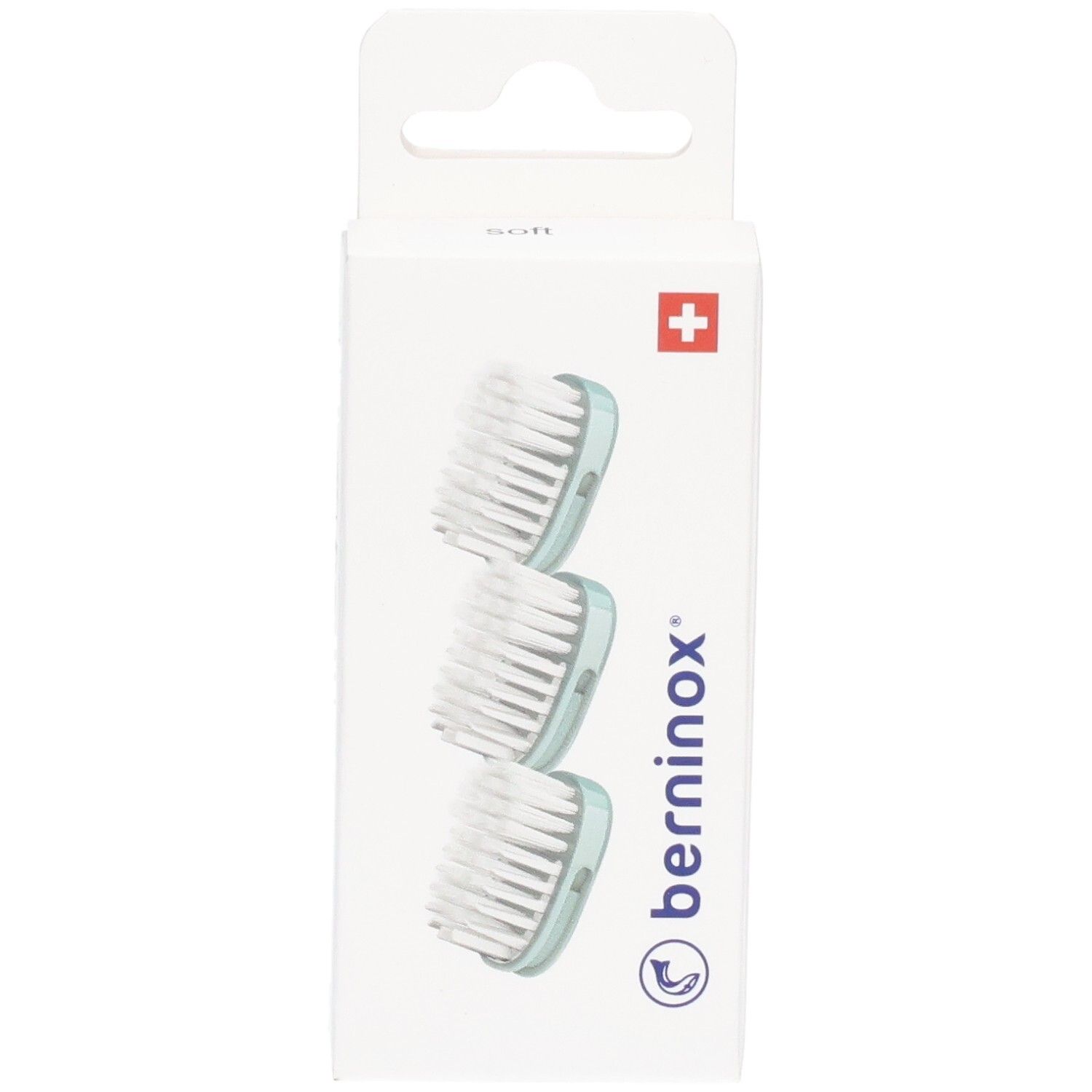 Boîte de 3 têtes de brosse de remplacement, vert glacier, soft. Logo Berninox et croix suisse.
