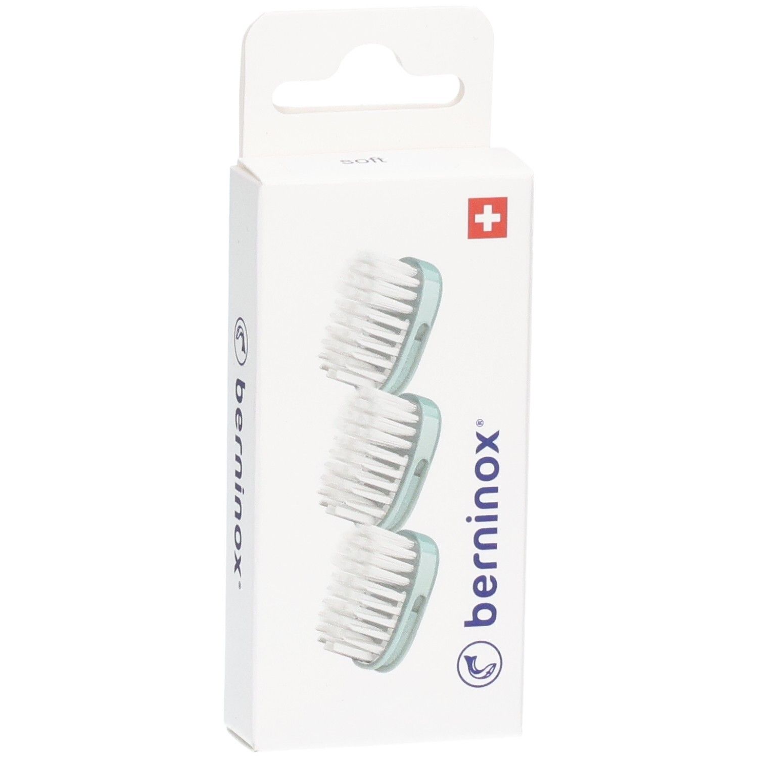 Boîte de 3 têtes de brosse de remplacement, vert glacier, soft. Logo Berninox et croix suisse.