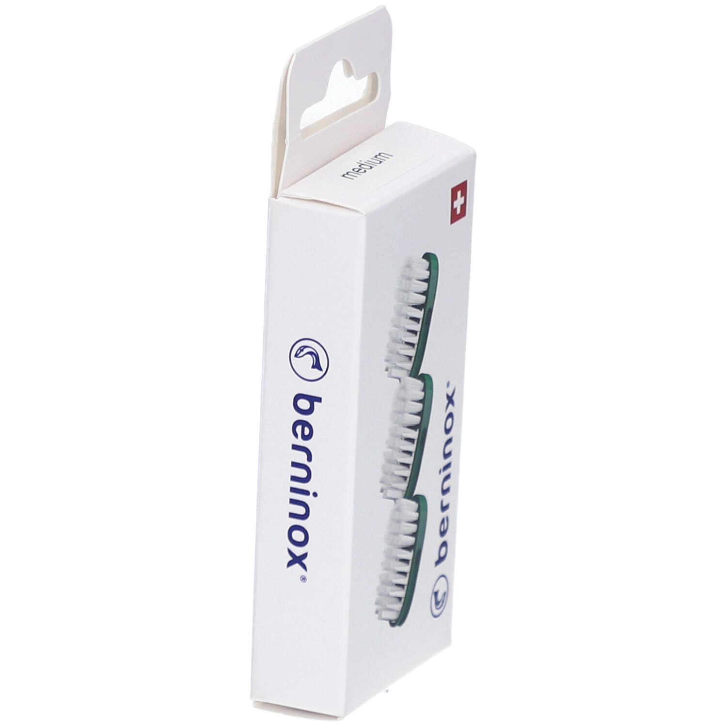 Boîte de 3 têtes de brosse à dents. Marque BERNINOX® sur le côté. Croix suisse.