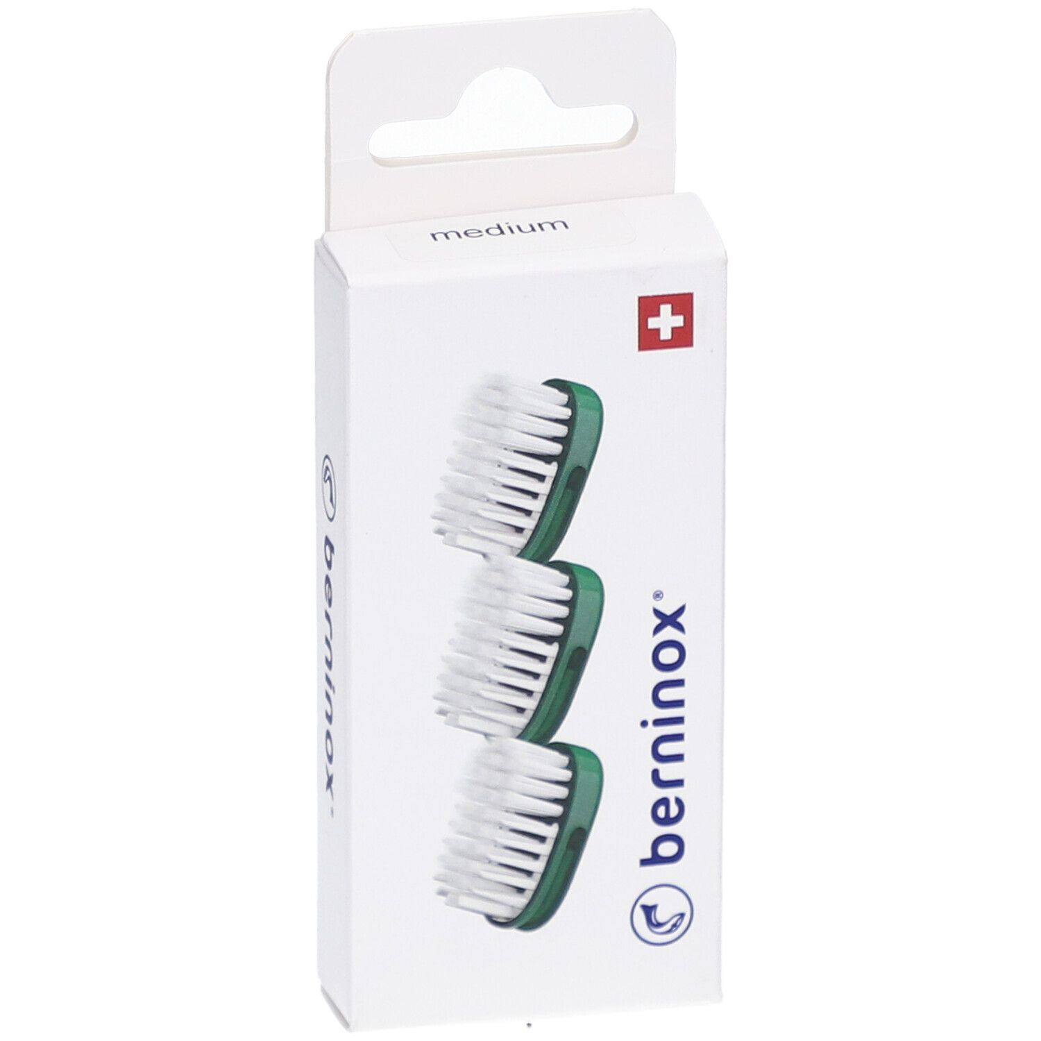 Boîte de 3 têtes de brosse à dents. Têtes vertes, poils blancs. Marque BERNINOX®.