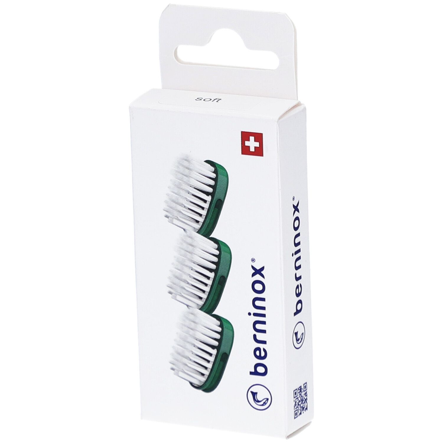 Emballage de 3 têtes de brosse à dents. Têtes vertes, poils blancs. Croix suisse.