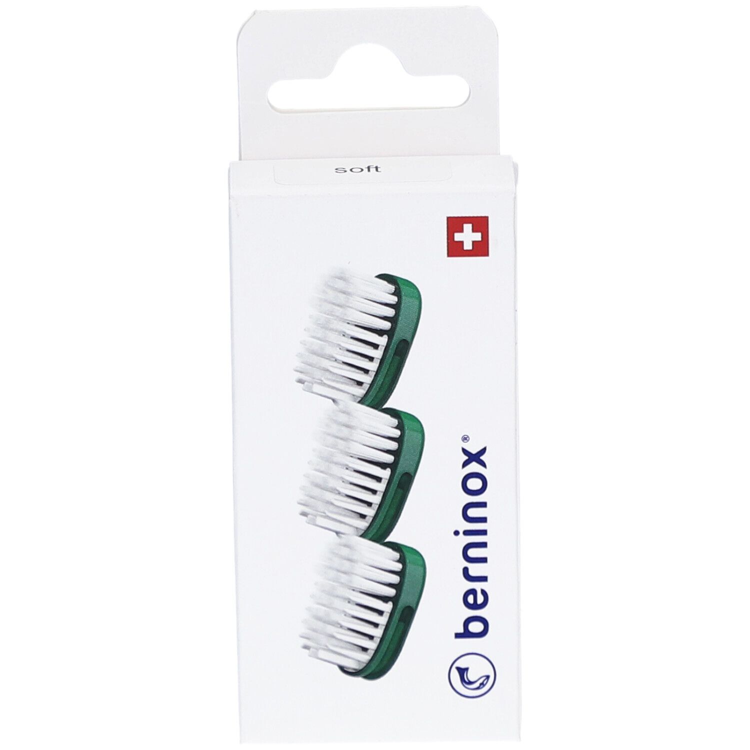 Emballage de 3 têtes de brosse à dents. Têtes vertes, poils blancs. Croix suisse.
