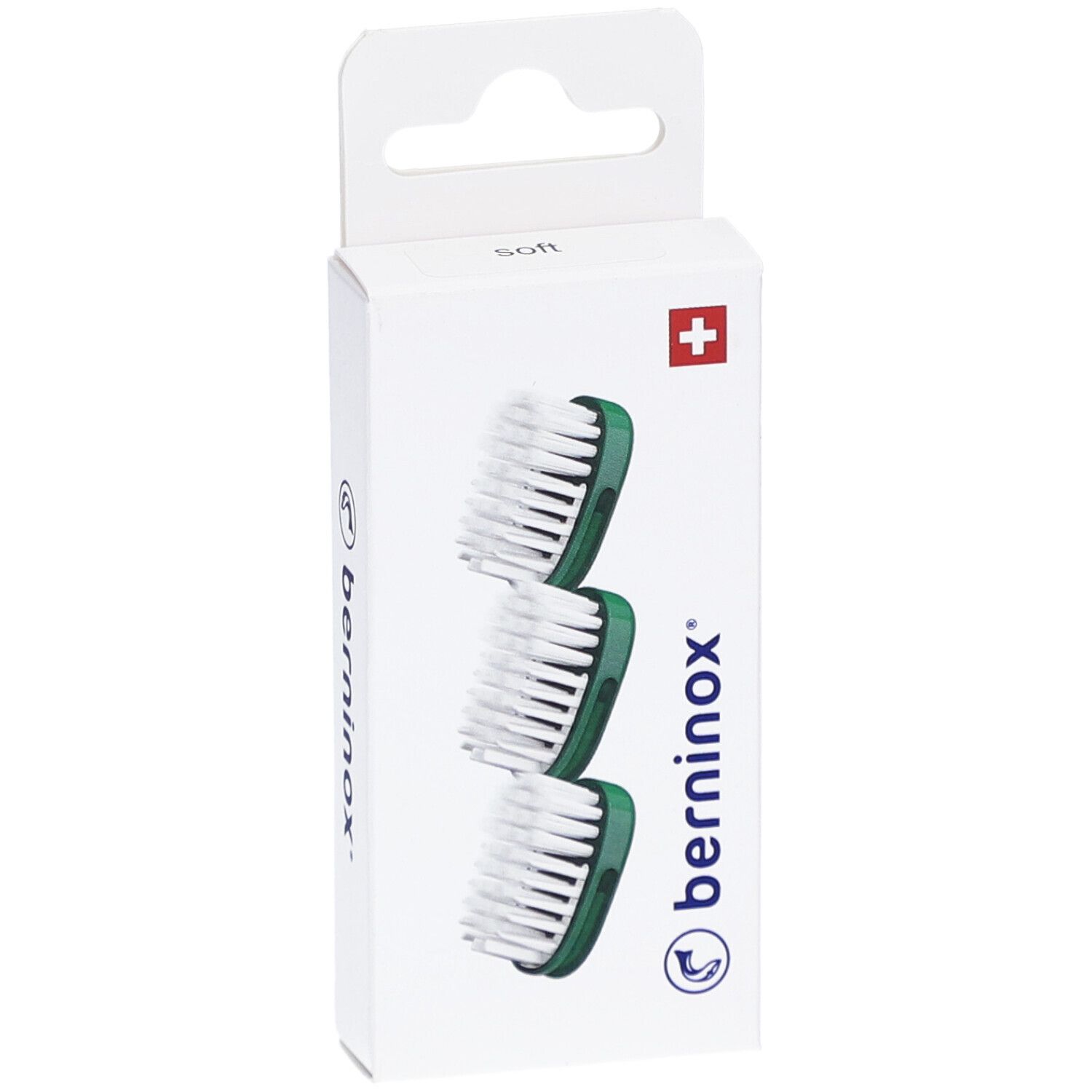 Emballage de 3 têtes de brosse à dents. Têtes vertes, poils blancs. Croix suisse.