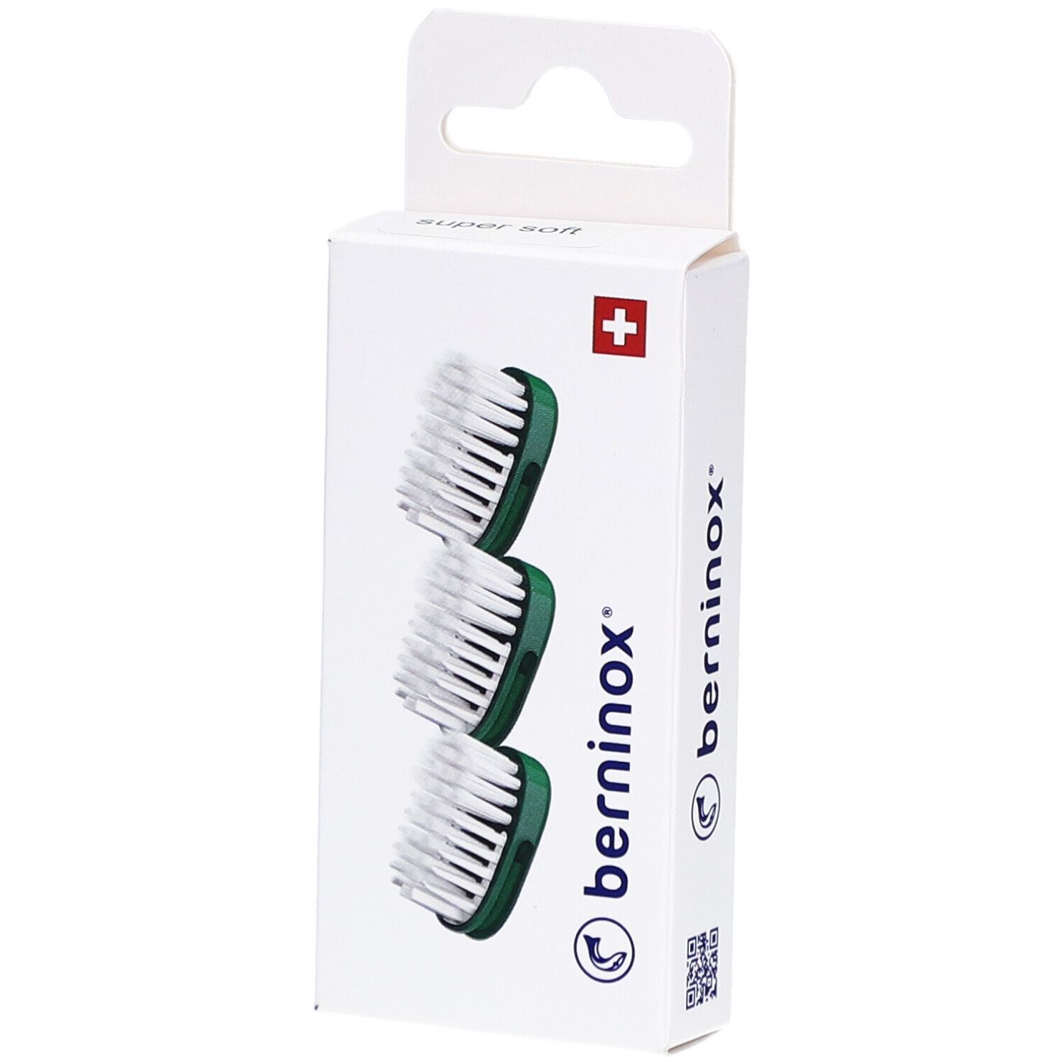 Boîte de 3 têtes de brosse à dents. Soies blanches, support vert. Marque: berninox.