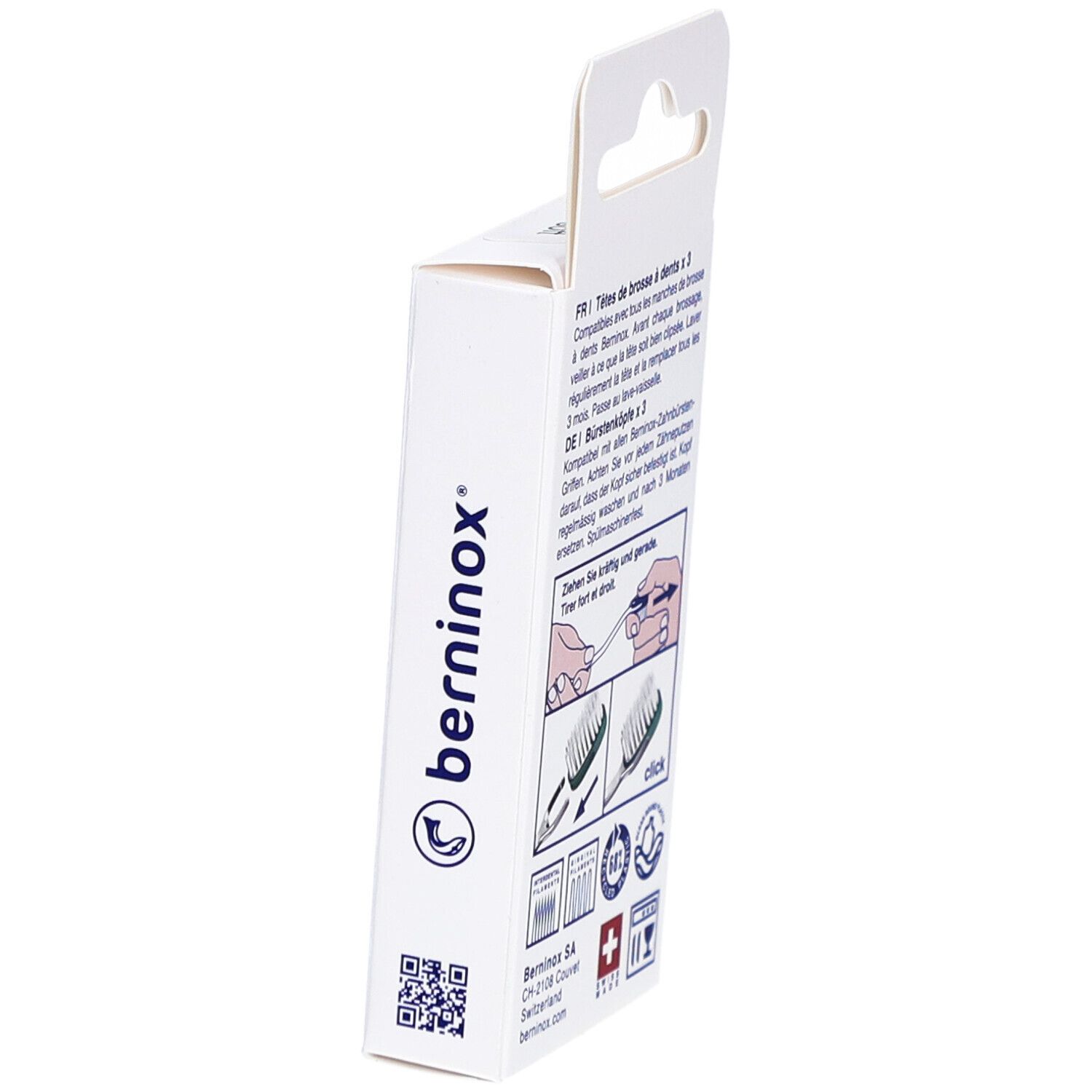 Dos de la boîte. Marque: berninox, croix suisse, pictogrammes, code QR.