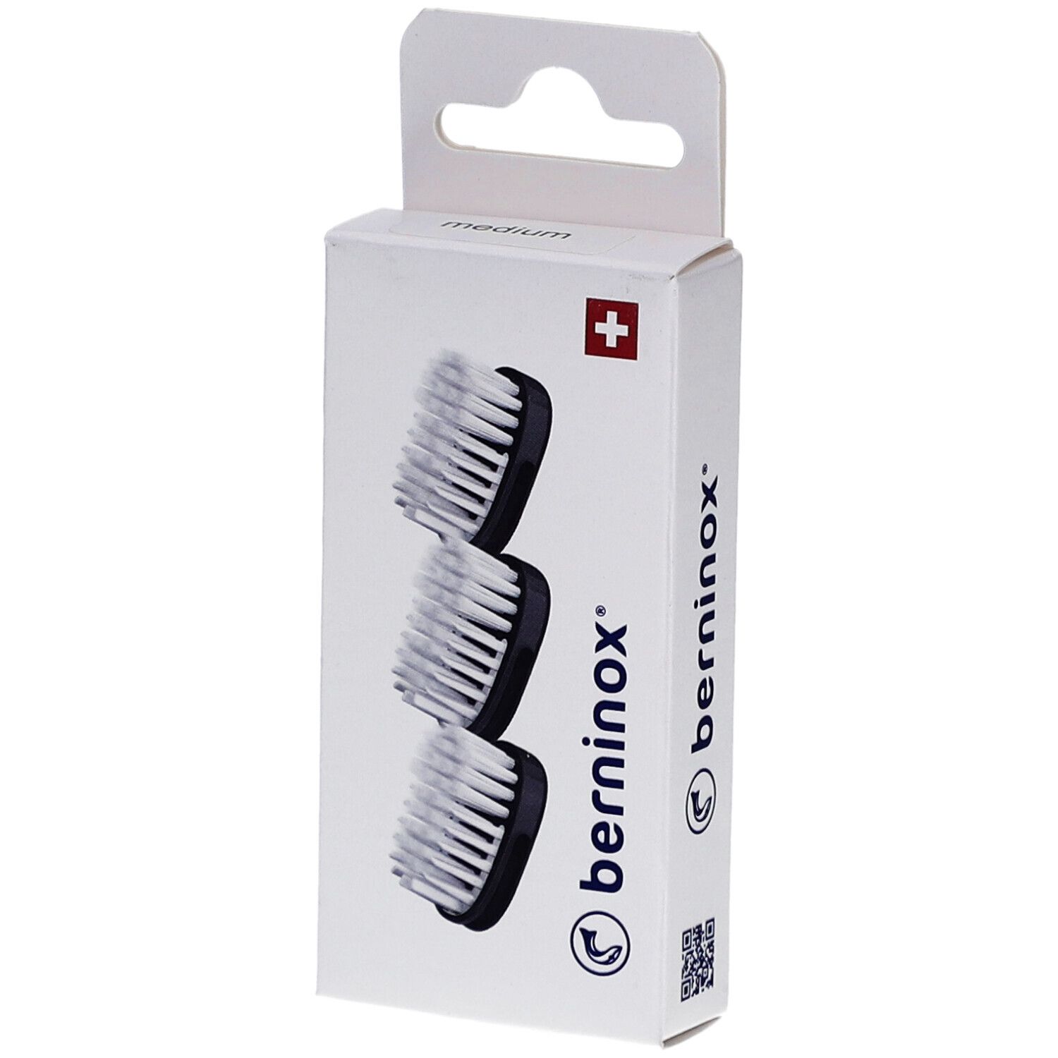 Boîte de 3 têtes de brosse à dents de rechange. Support noir, poils blancs. Marque Berninox.