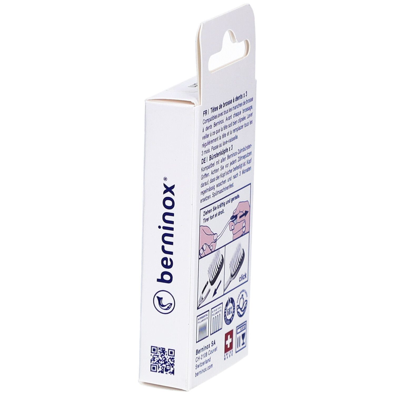 Vue latérale de la boîte avec informations produit. Marque Berninox, croix suisse.