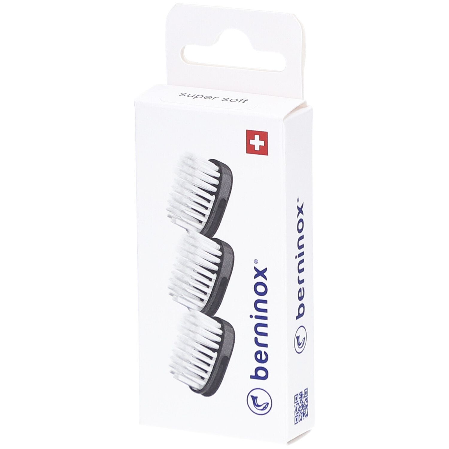 Boîte de 3 têtes de brosse à dents. Têtes noires, soies blanches. Logo et croix suisse.