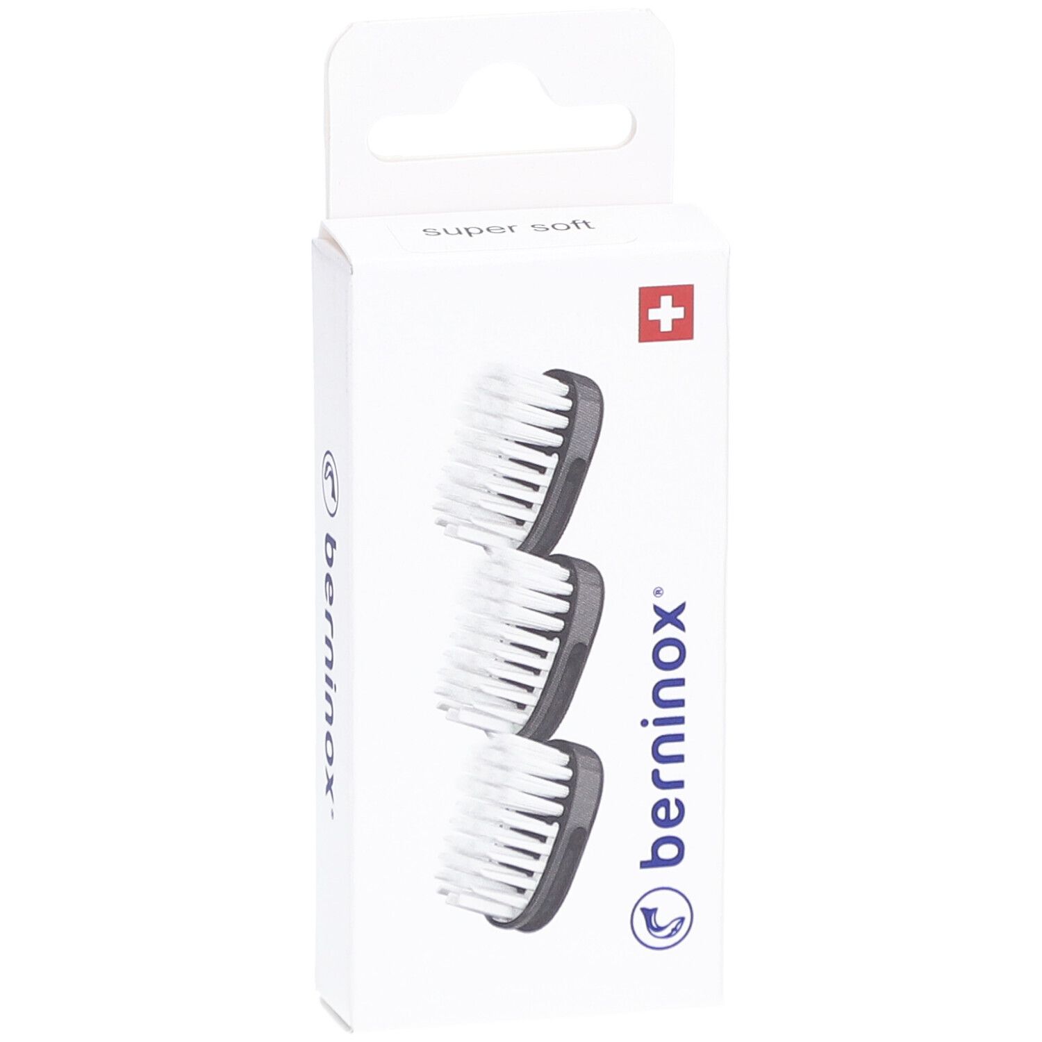 Boîte de 3 têtes de brosse à dents. Têtes noires, soies blanches. Logo de la marque.