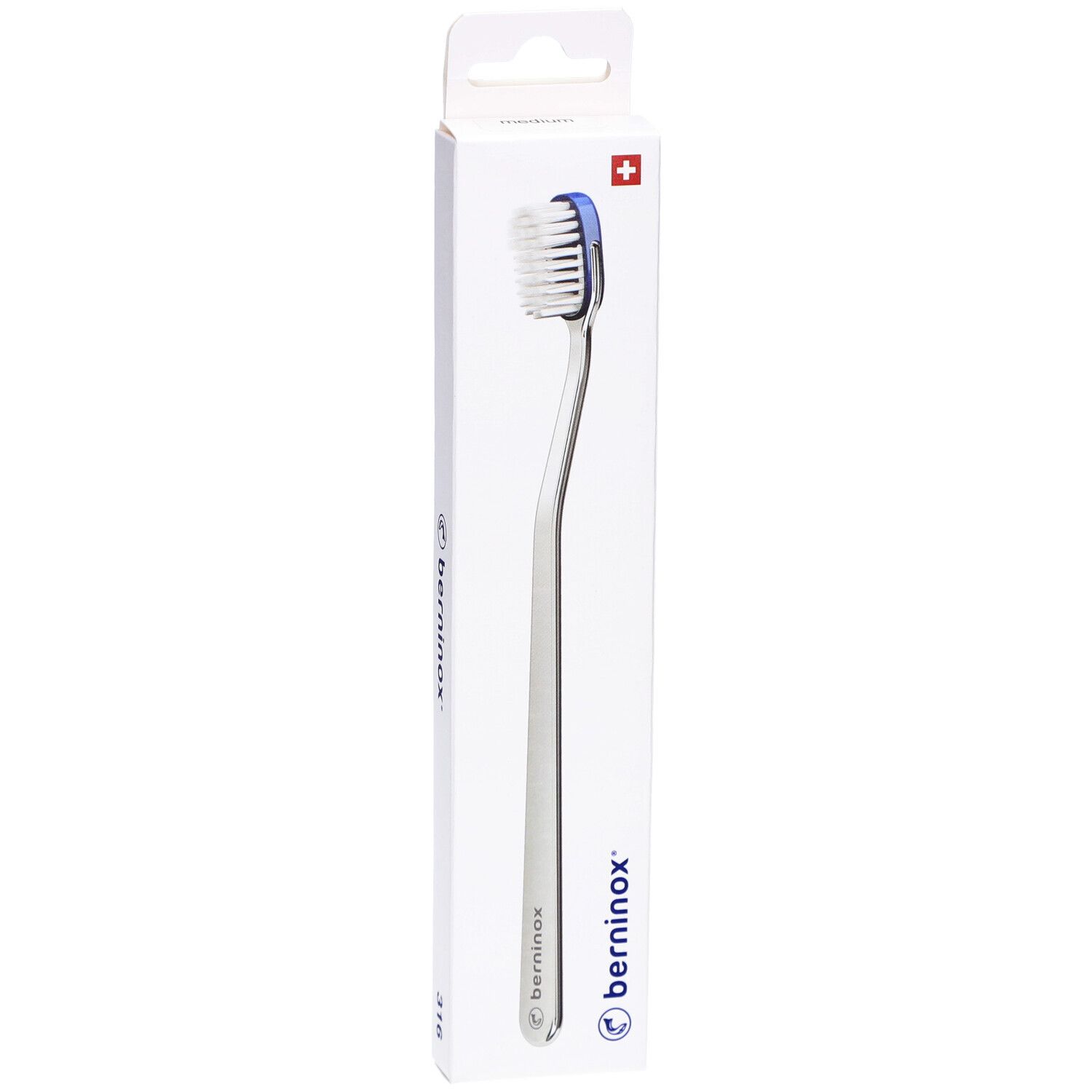 Brosse à dents avec accent bleu. Manche argenté, tête de brosse blanche, croix suisse.