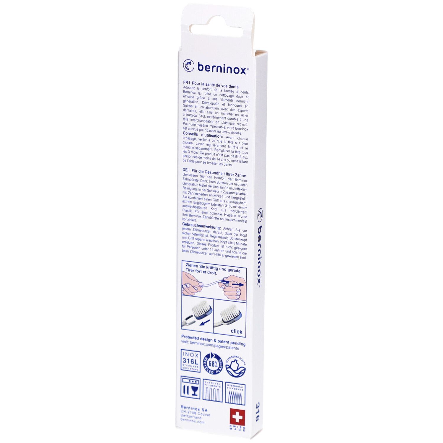 Dos de l'emballage de la brosse à dents. Texte multilingue, informations sur le produit, logos et illustrations.
