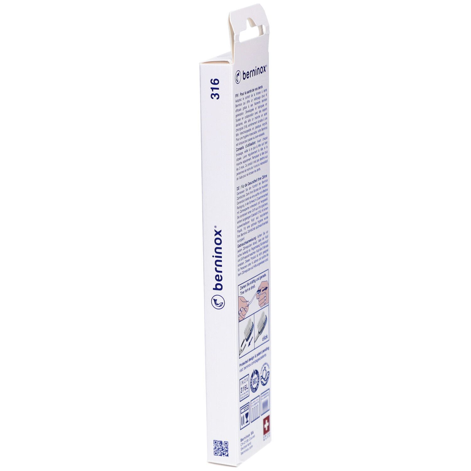 Vue latérale de l'emballage de la brosse à dents. Texte, logos et informations sur le produit. Forme élancée.