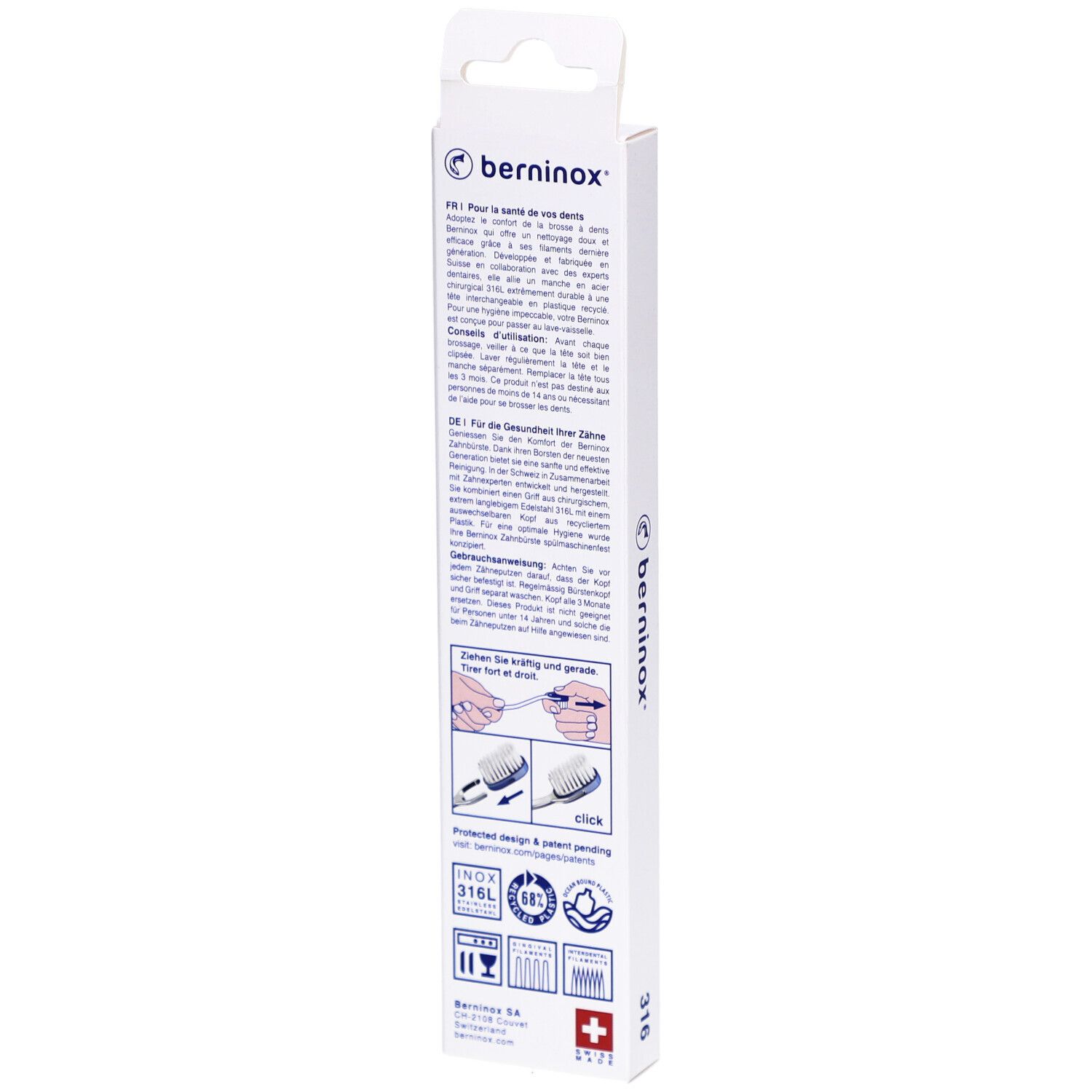 Dos de l'emballage de la brosse à dents. Texte multilingue, nom du produit, croix suisse et illustrations.
