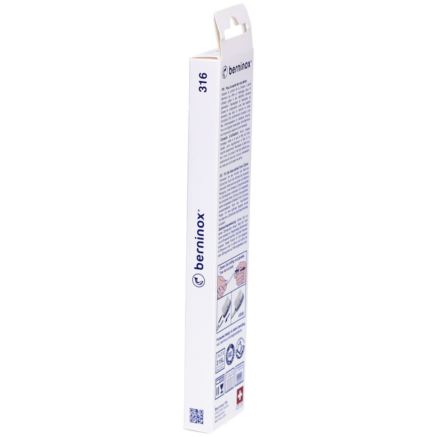 Vue latérale de l'emballage de la brosse à dents. Texte multilingue, nom du produit, croix suisse et illustrations.