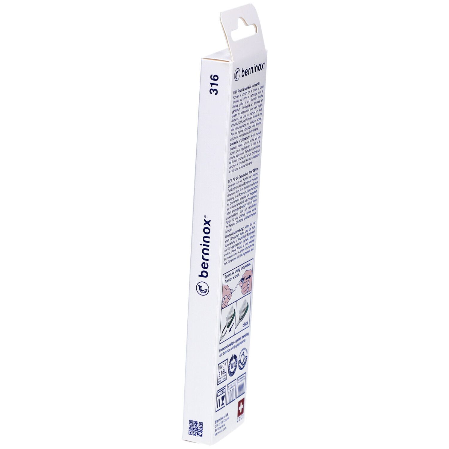 Vue latérale de l'emballage de la brosse à dents. Texte et logo. Croix suisse. Informations sur le produit.