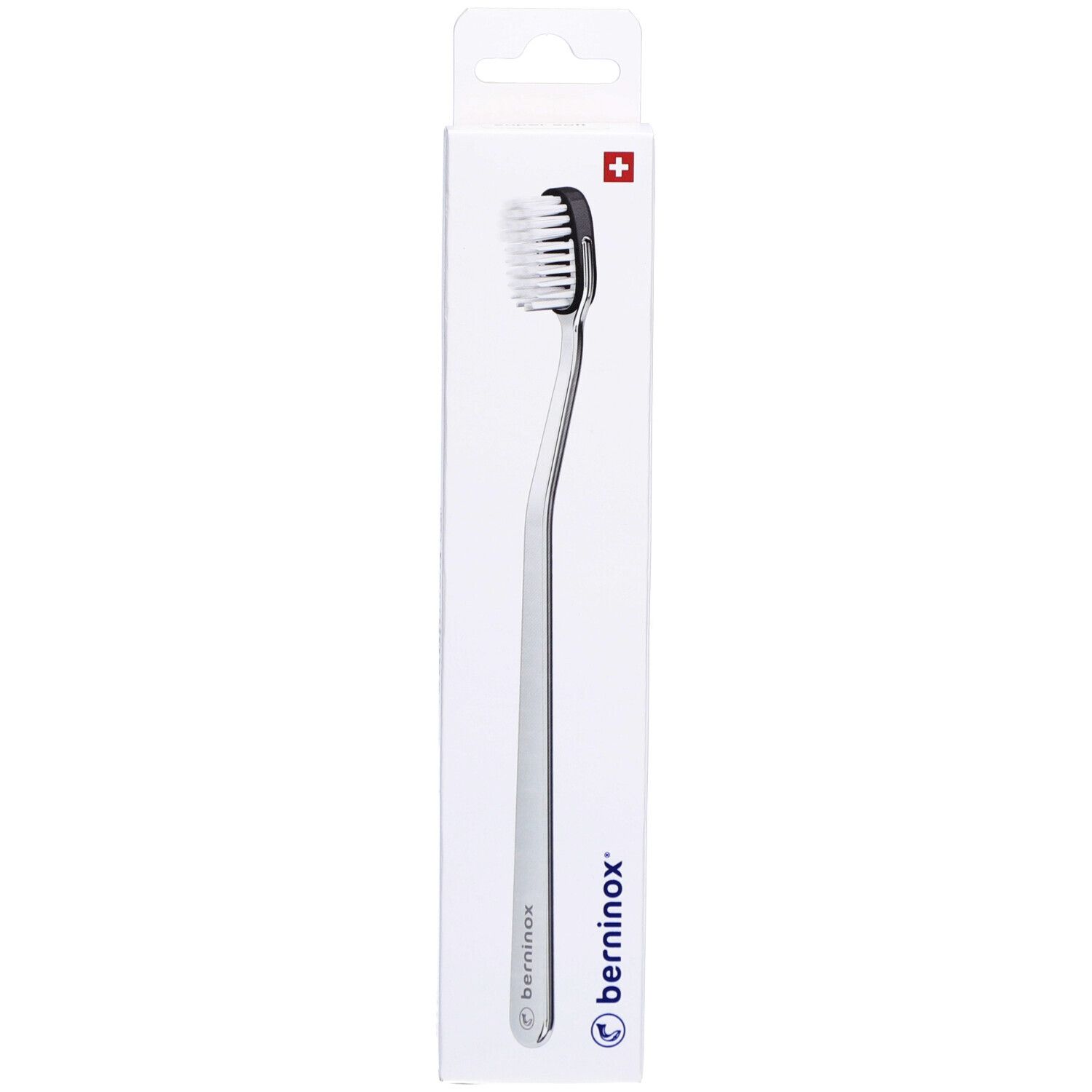 Brosse à dents dans son emballage. Tête noire, manche argenté. Croix suisse et logo "berninox".