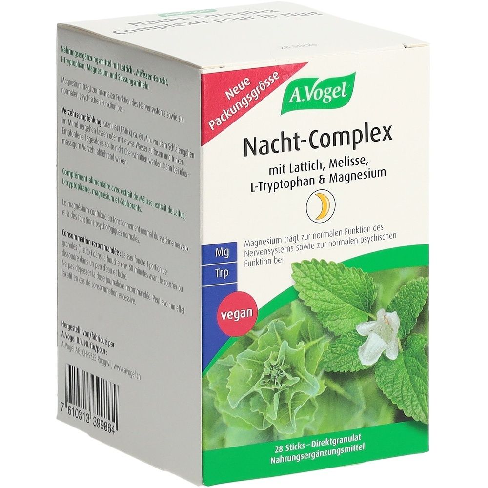 Boîte A.Vogel Nacht-Complex avec Laitue, Mélisse, L-Tryptophane & Magnésium. Vegan. 28 sticks.