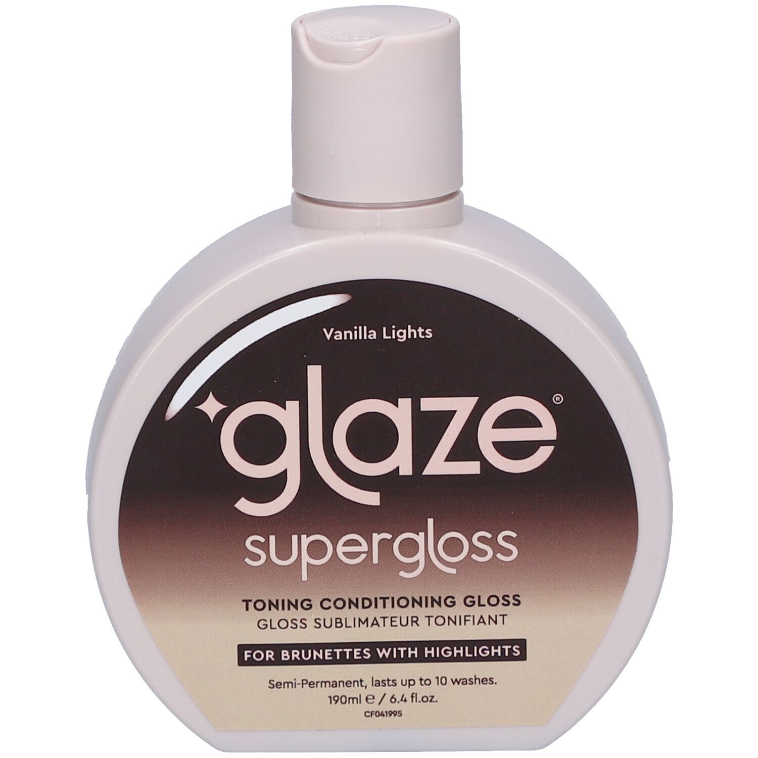 Flacon rond avec bouchon. Inscription 'glaze supergloss'. Texte : 'Vanilla Lights', 'Toning Conditioning Gloss'.