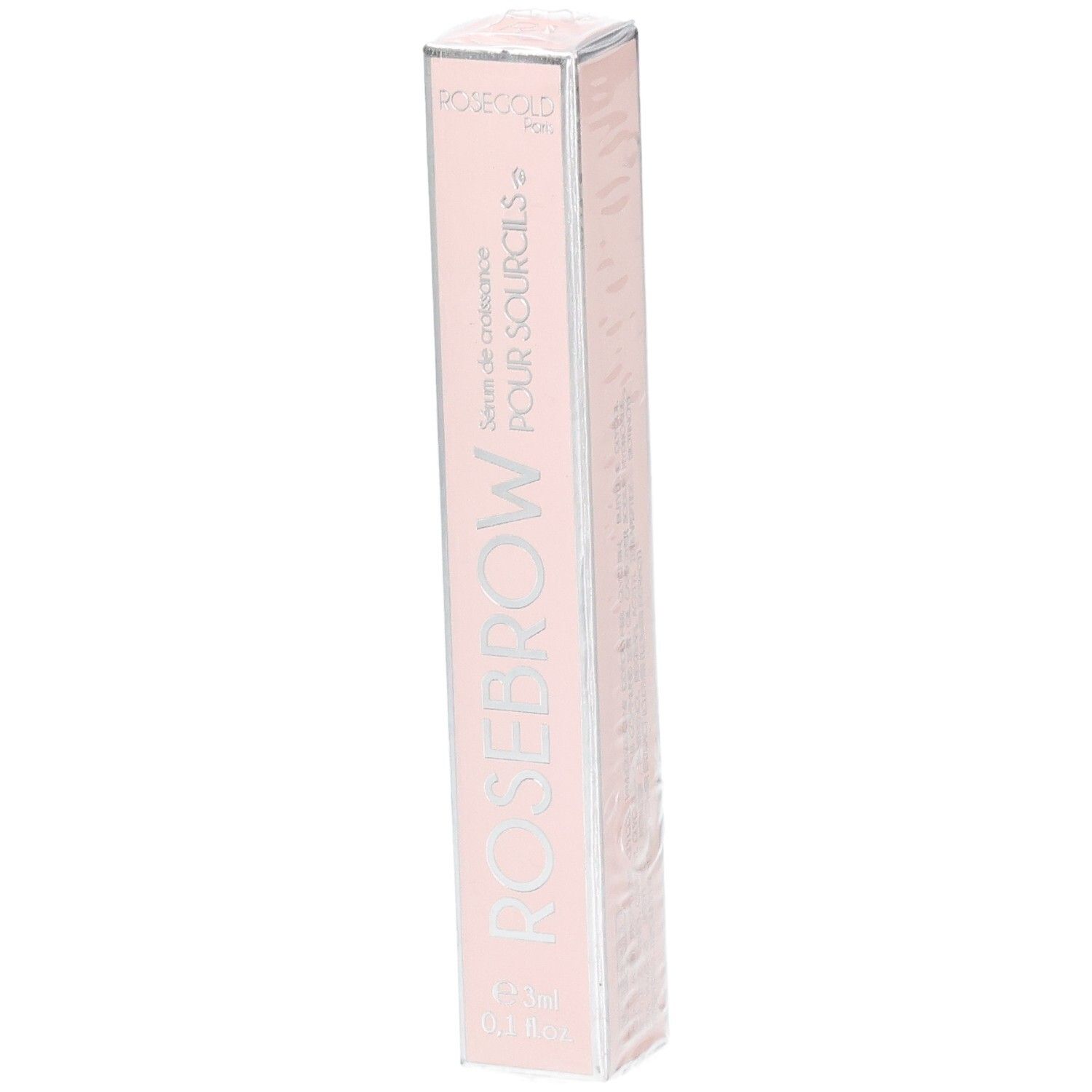 Emballage rose avec le nom du produit ROSEBROW et texte. Contient un sérum pour sourcils. Vue verticale.