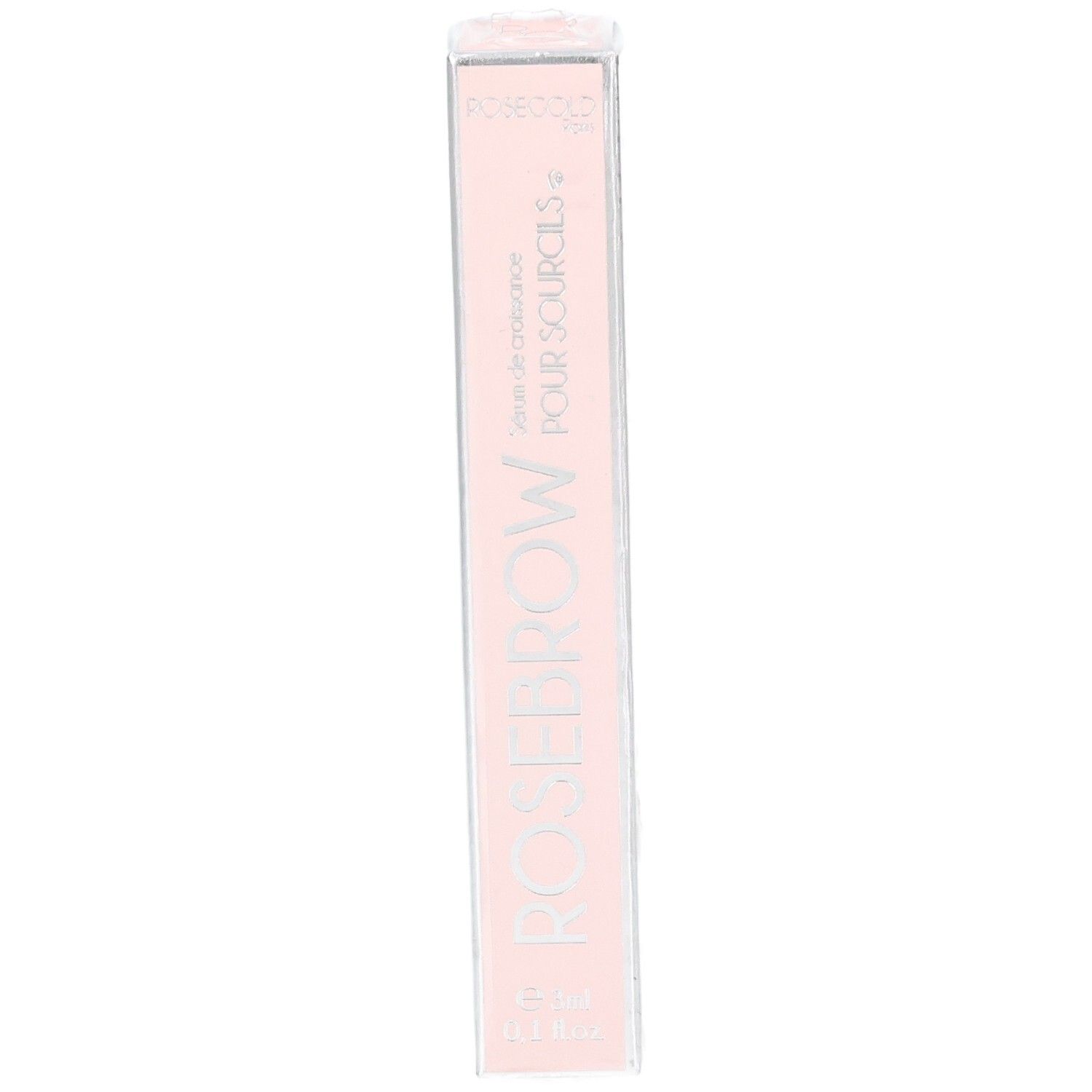 Emballage rose avec le nom du produit ROSEBROW et texte. Contient un sérum pour sourcils. Vue verticale.
