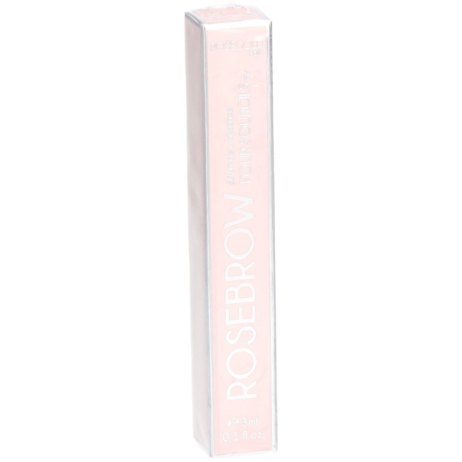 Emballage rose avec le nom du produit ROSEBROW et texte. Contient un sérum pour sourcils. Vue verticale.