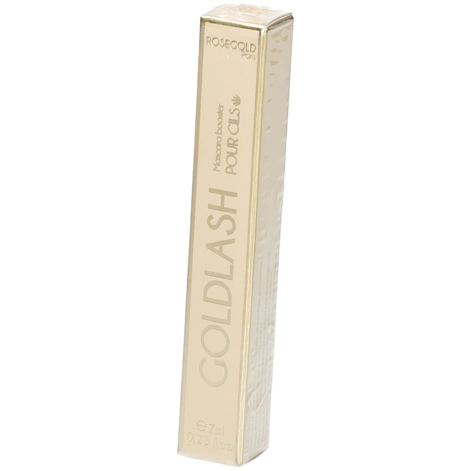 Emballage Goldlash Mascara booster. Boîte rectangulaire beige doré avec nom et logo du produit. 7ml.