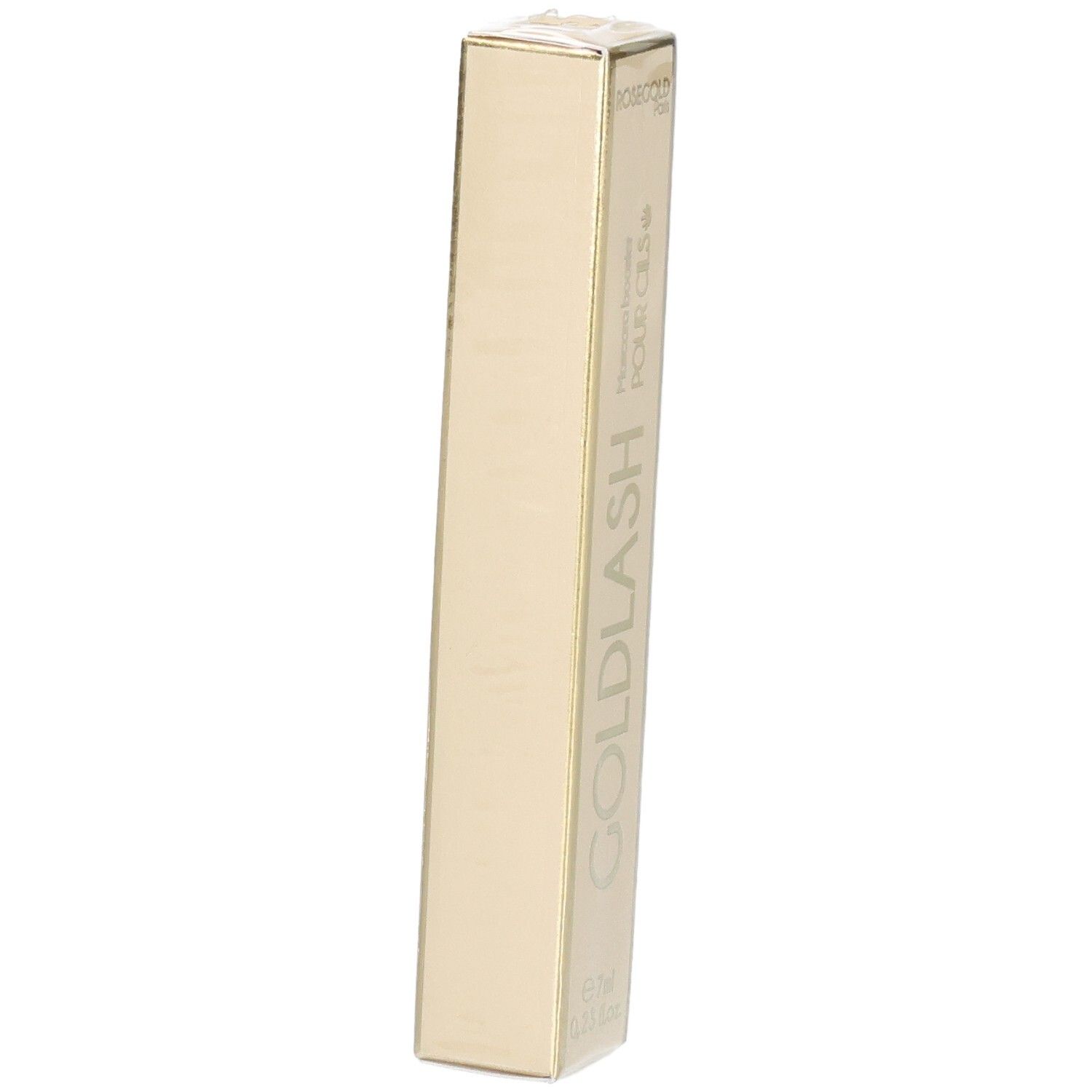 Emballage Goldlash Mascara booster. Boîte rectangulaire beige doré. Nom et logo du produit.