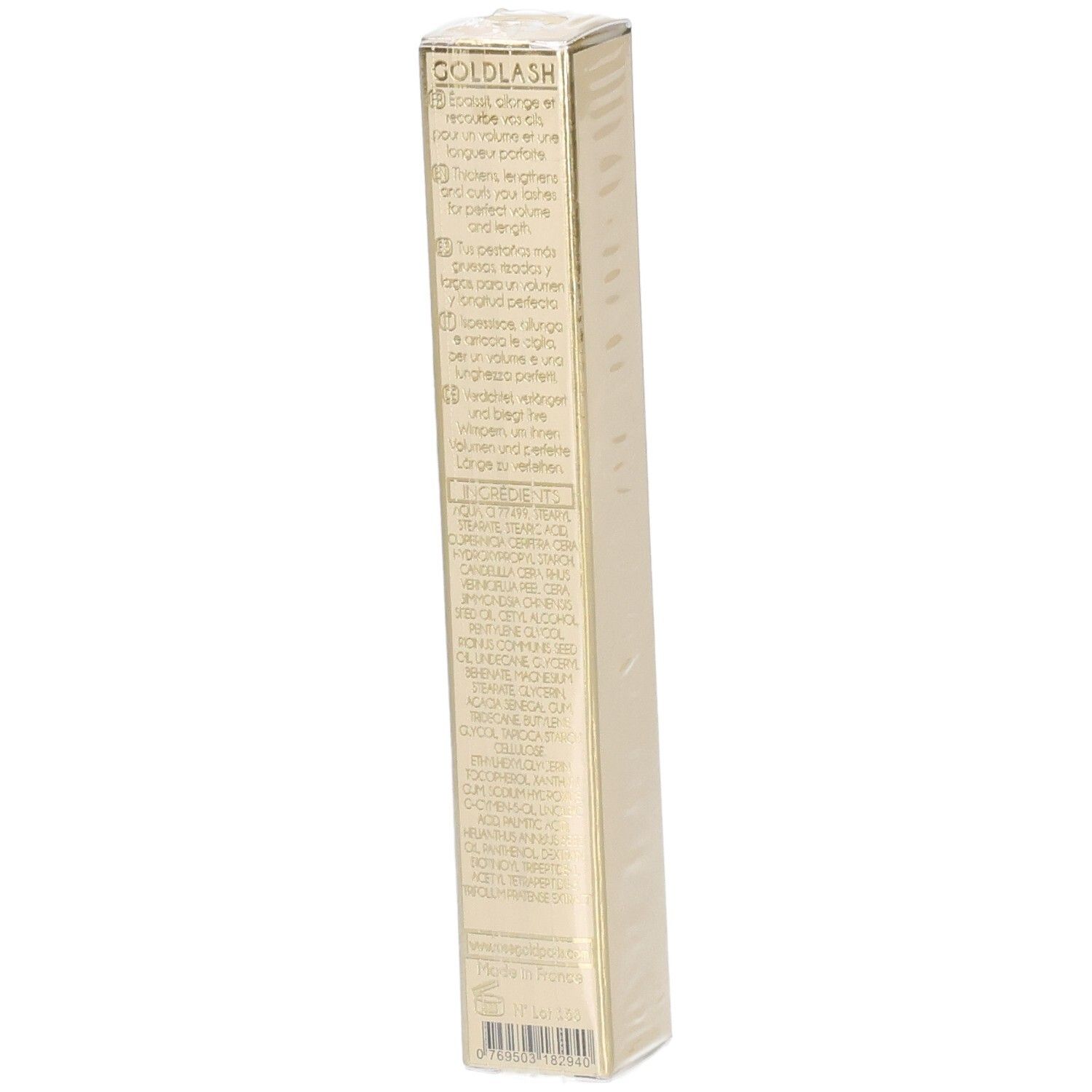 Emballage Goldlash Mascara booster. Dos avec texte multilingue. Boîte rectangulaire beige doré.