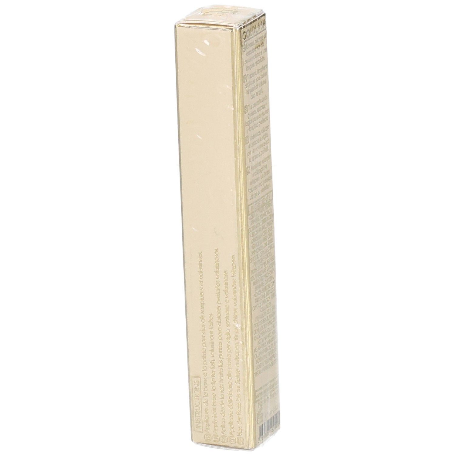 Emballage Goldlash Mascara booster. Côté avec texte. Boîte rectangulaire beige doré.