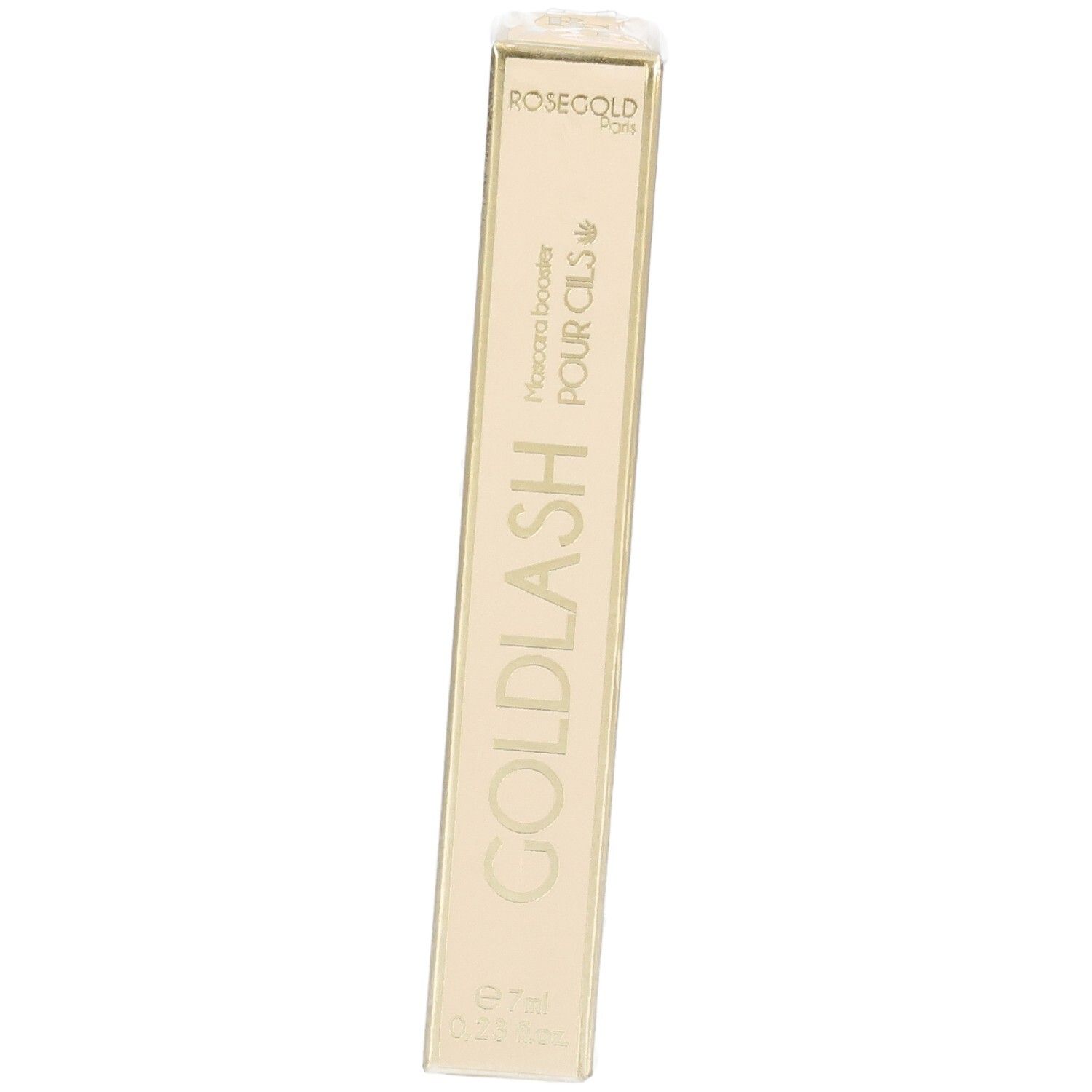 Emballage Goldlash Mascara booster. Boîte rectangulaire beige doré avec nom et logo du produit. 7ml.