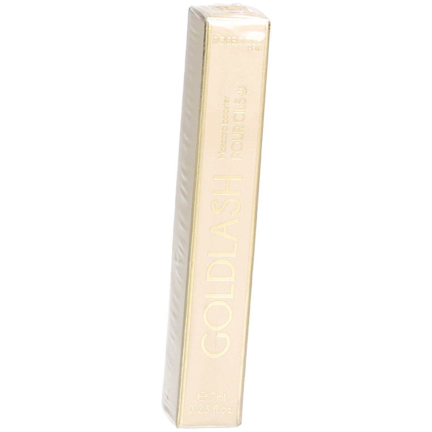 Emballage Goldlash Mascara booster. Boîte rectangulaire beige doré avec nom et logo du produit. 7ml.